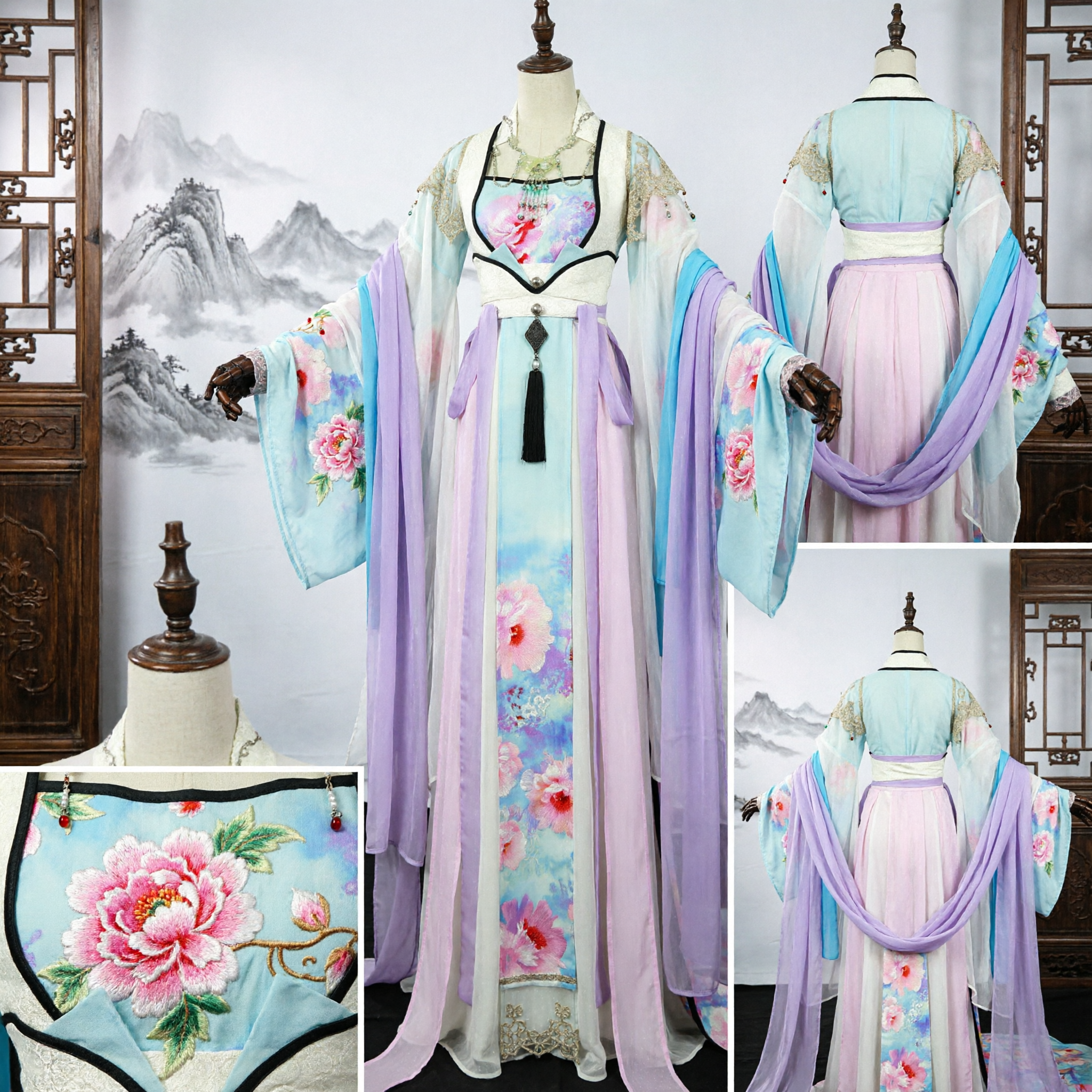 Elegancki starożytny chiński Hanfu, tradycyjny pałacowy strój z dynastii Tang, pastelowy kwiatowy kostium wróżki dla kobiet do cosplayu - Asian Costume