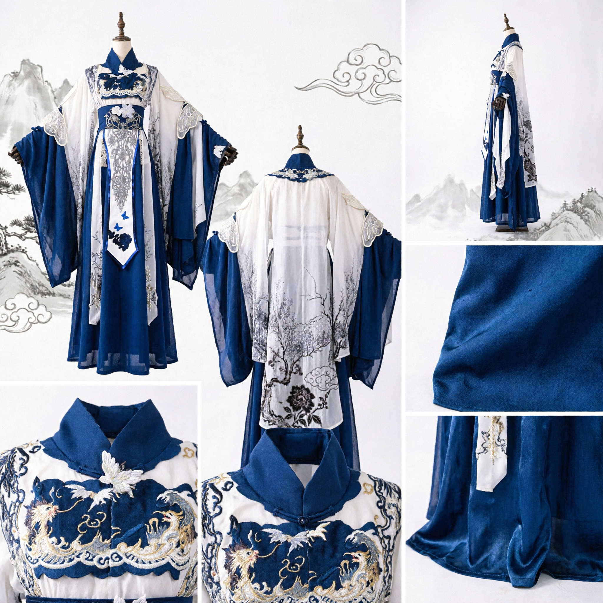 Elegant Blue and White Chinese Hanfu Traditional Ancient Costume Embroidered Fairy Dress for Women Cosplay - Asian Costume