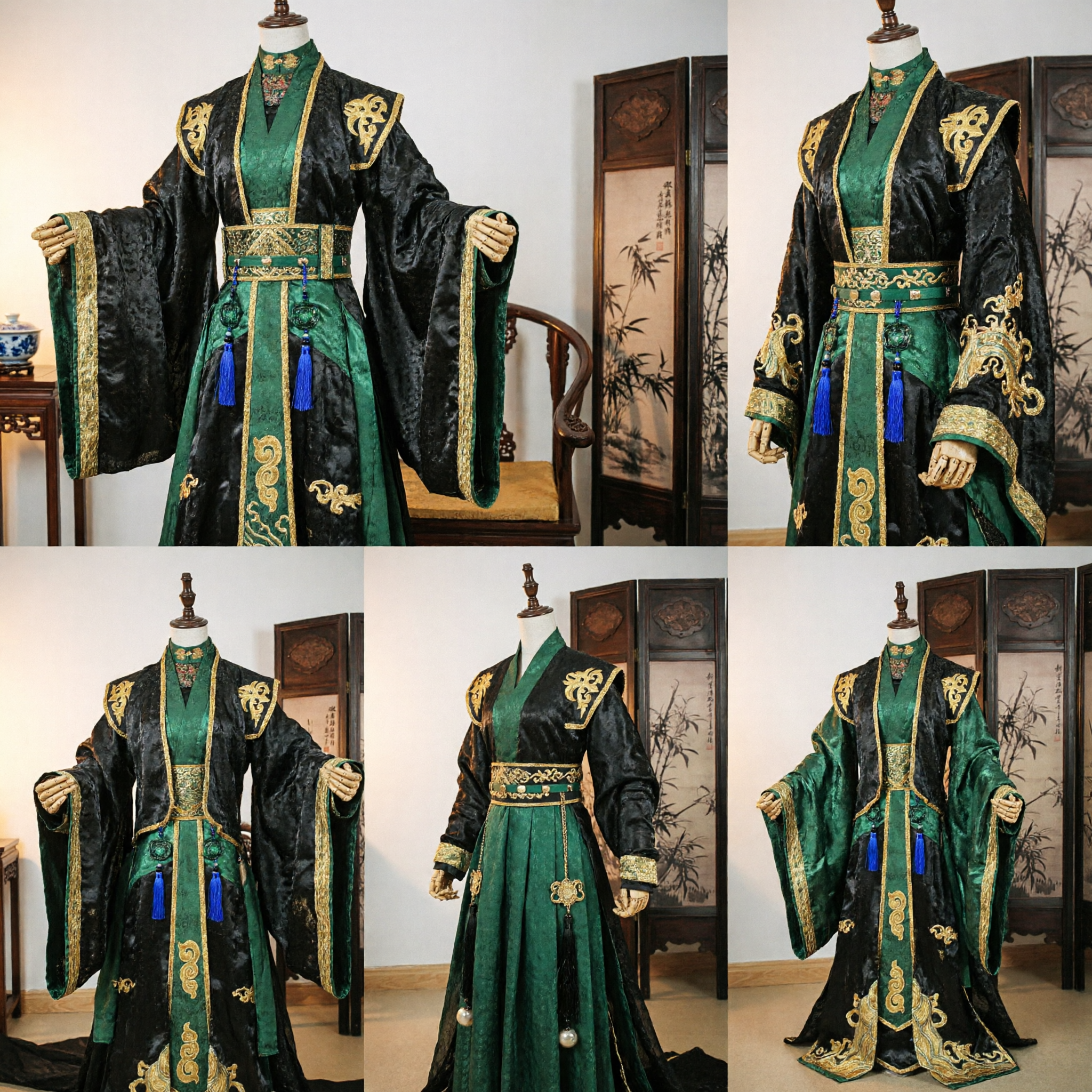 Ancient Chinese Emperor Black and Green Hanfu Robe with Gold Embroidery Traditional Historical Cosplay Costume for Men - Asian Costume
