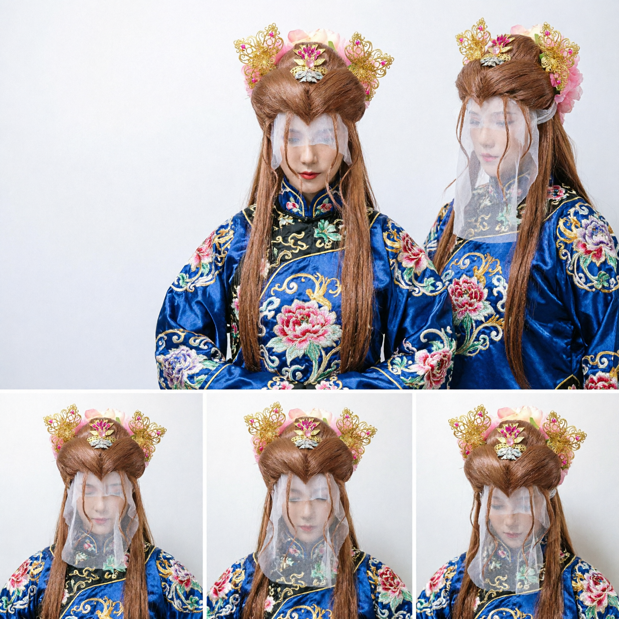 전통 중국 고대 공주 헤어 액세서리 금색 필리그리 분홍색 꽃 머리장식 한푸 웨딩 코스프레용 - Asian Costume