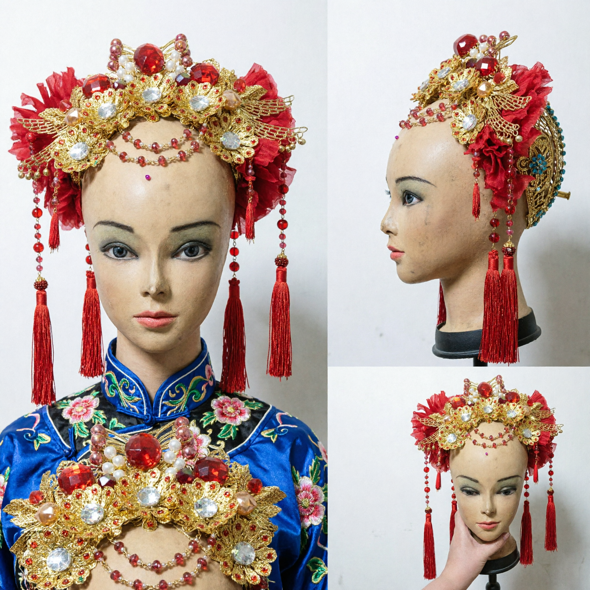 Corona Fenice Tradizionale Cinese Copricapo d'Oro con Gemme Rosse e Nappe per Matrimonio Hanfu e Opera - Asian Costume