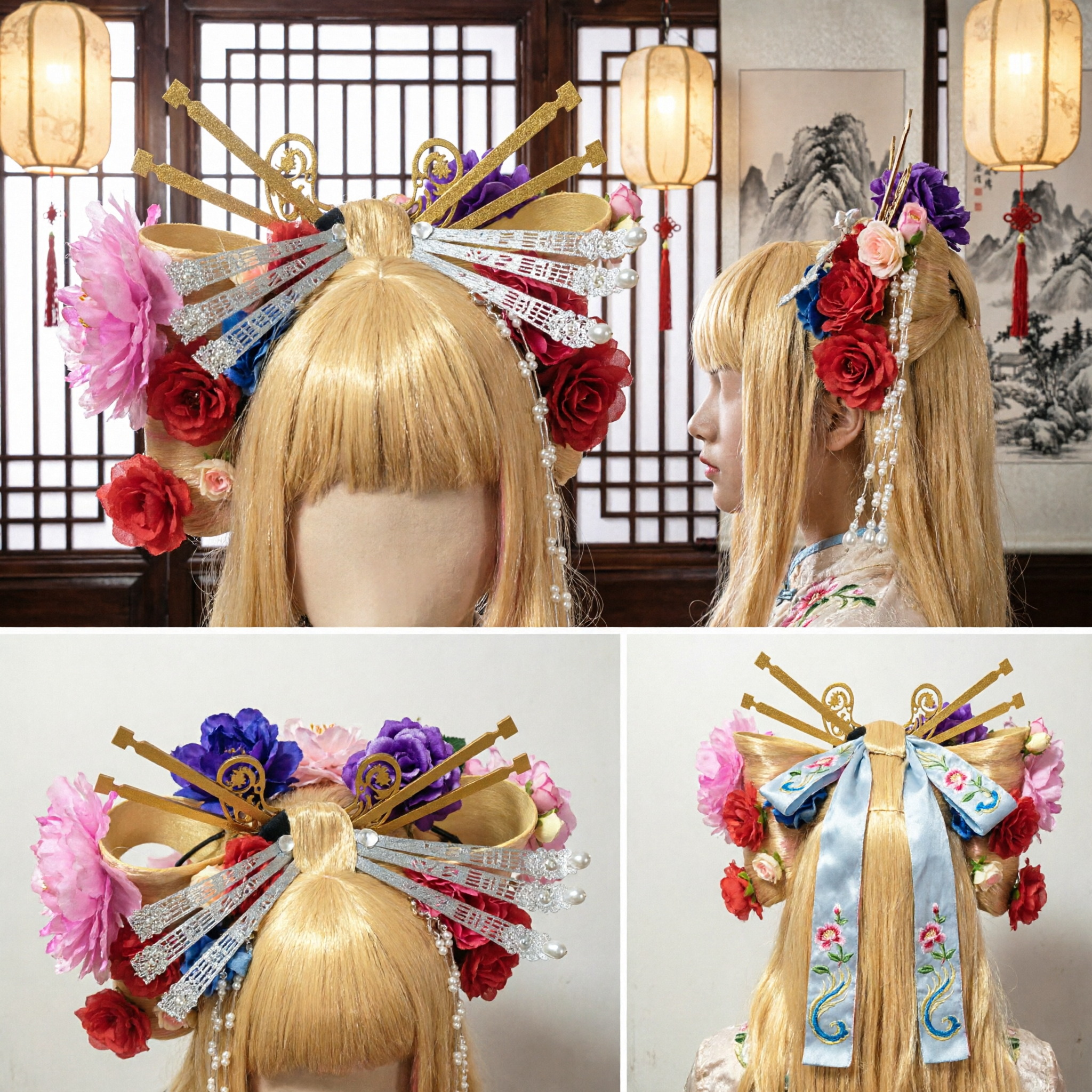 Penteado Tradicional Chinês Elaborado com Peruca Loiro, Peônias e Ornamentos Dourados para Cosplay e Performance no Palco - Asian Costume