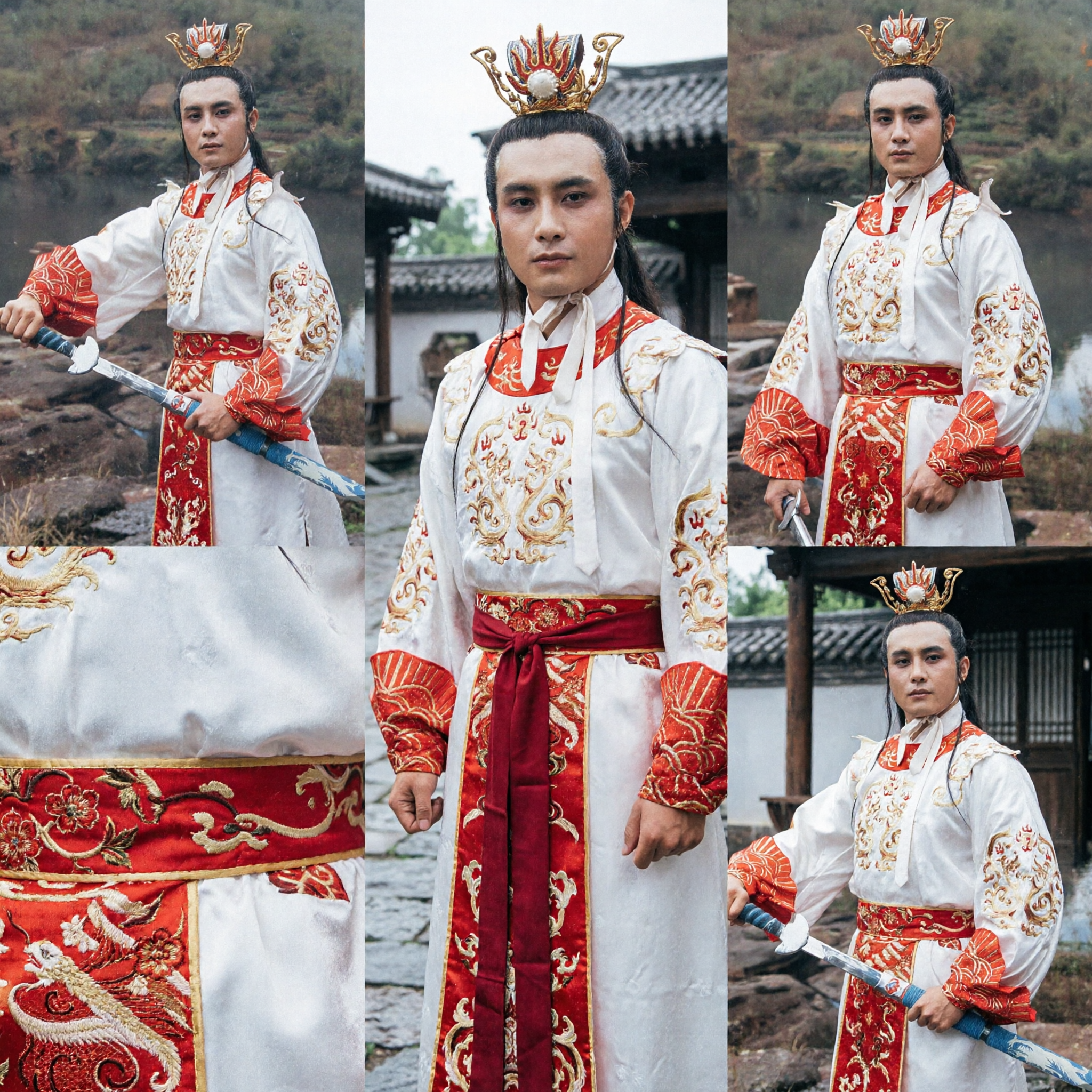 Starożytny biały książęcy kostium Hanfu dla mężczyzn, strój wojownika Wuxia z mieczem do historycznego cosplayu z koroną i mieczem - Asian Costume