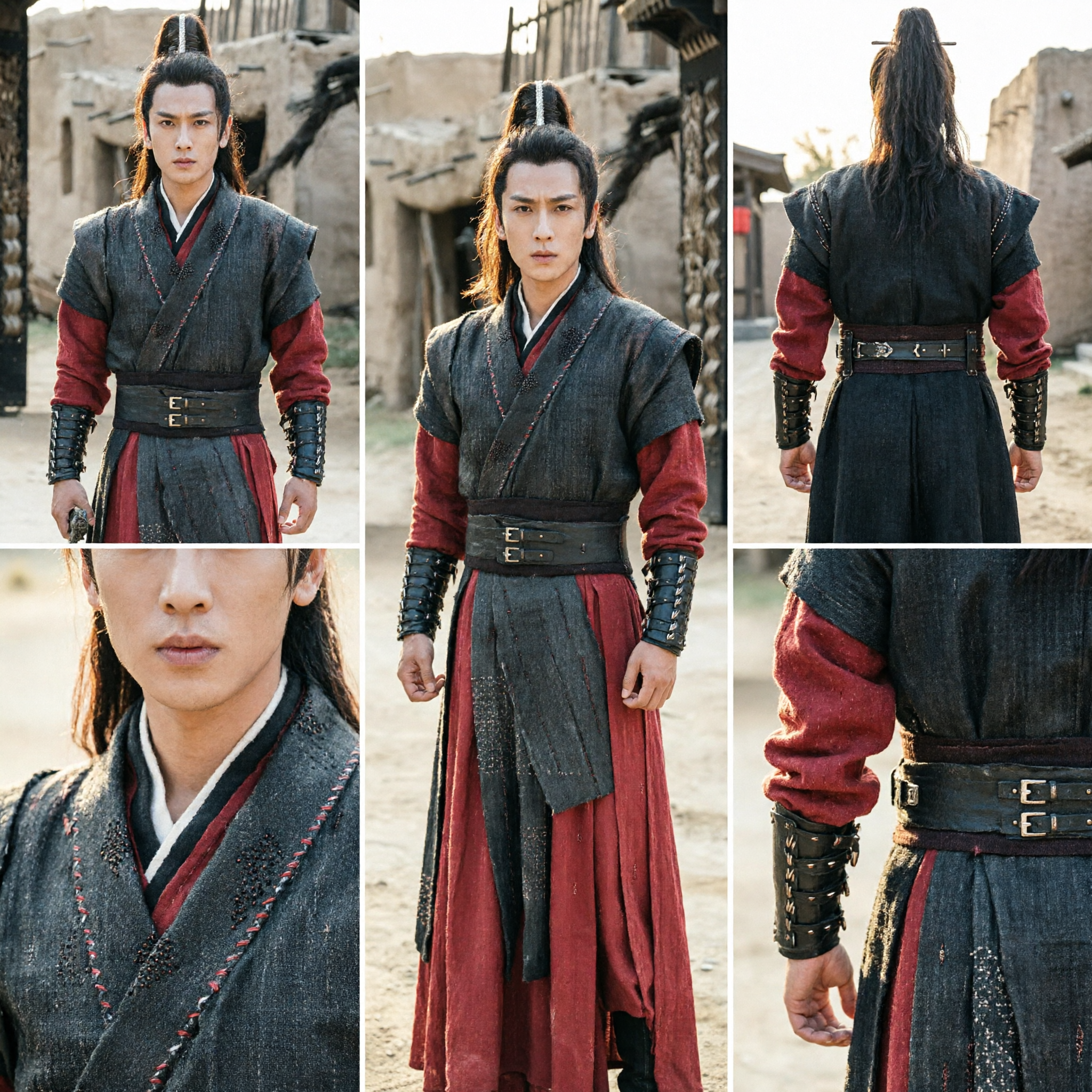 Starożytny chiński kostium wojownika Wuxia dla mężczyzn, czerwono-czarny historyczny strój wojownika Hanfu do cosplayu - Asian Costume