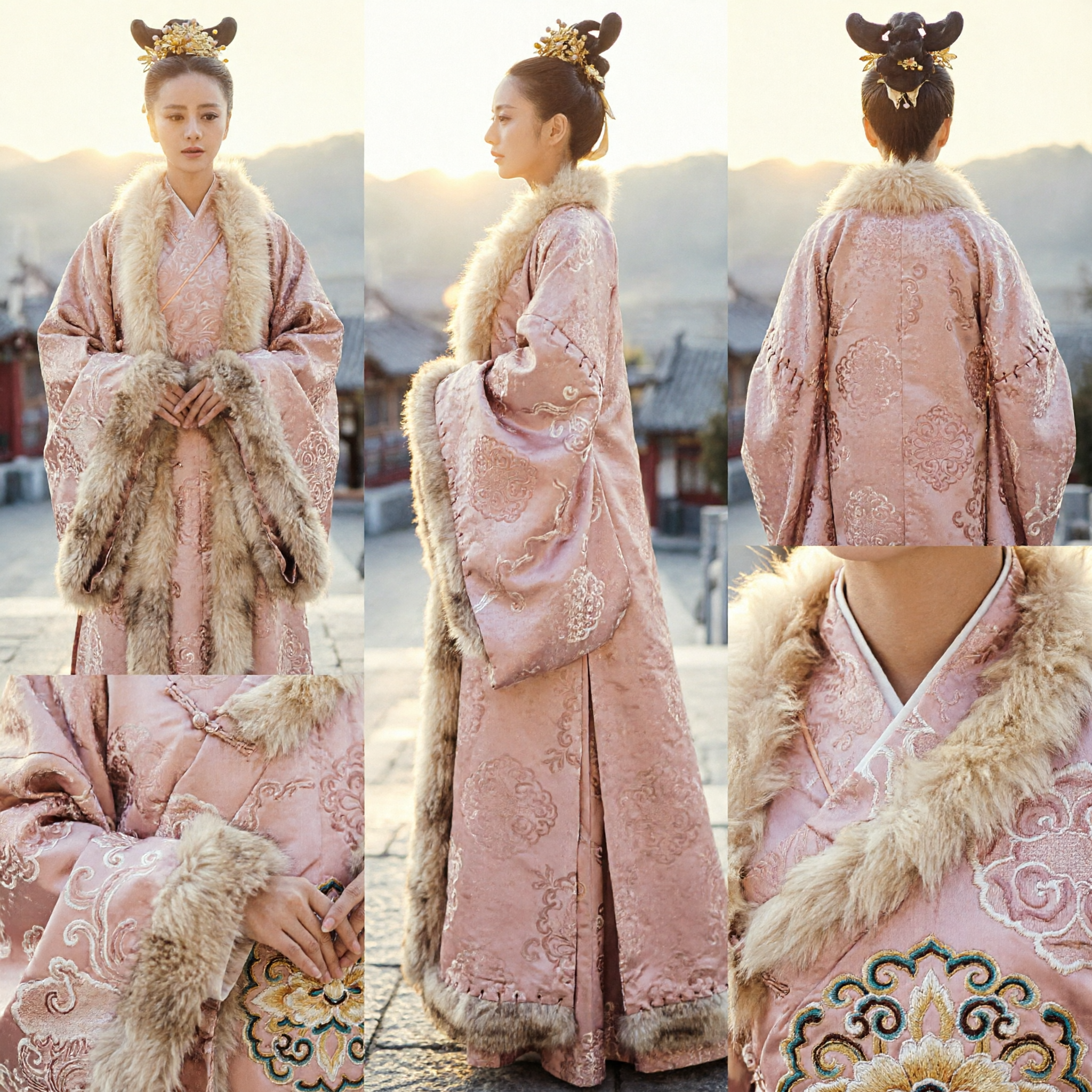 Elegant Traditional Chinese Ancient Palace Costume Women Pink Fur Collar Robe Historical Drama Hanfu Dress - Asian Costume