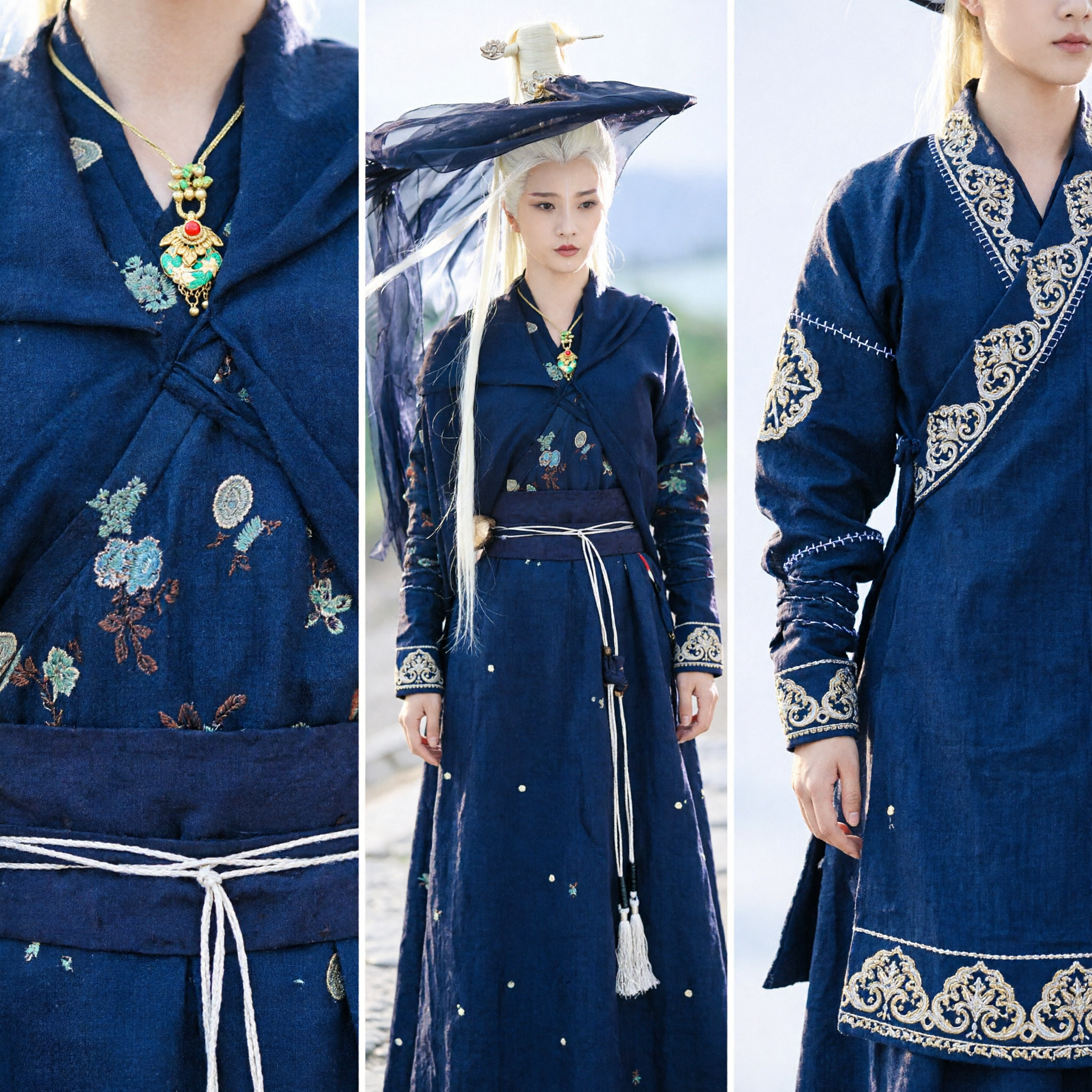 Древний китайский костюм женщины-мечницы уся, синяя вуаль и шляпа, ханьфу для косплея и фотосессий - Asian Costume