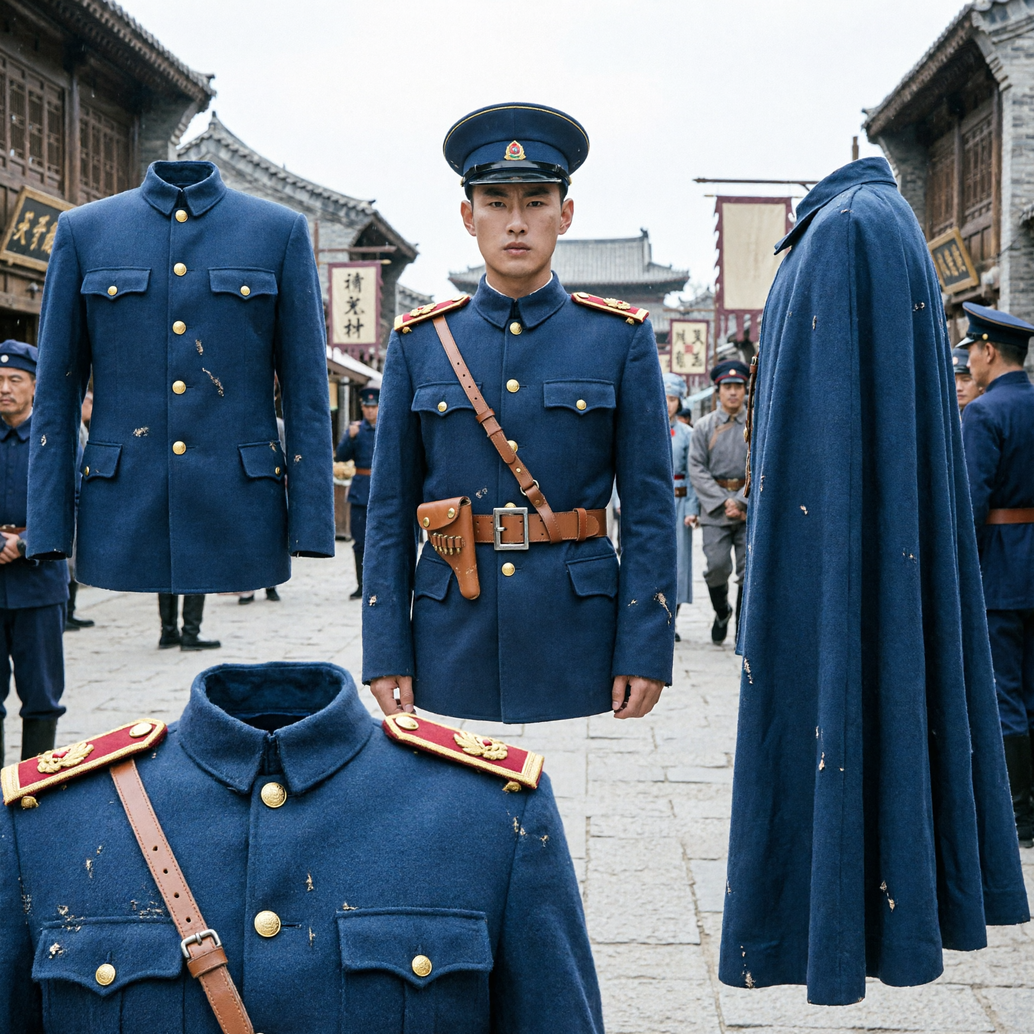 Men's Chinese Republican Era Warlord Military Uniform Costume Complete Set with Blue Cape and Cap - Asian Costume