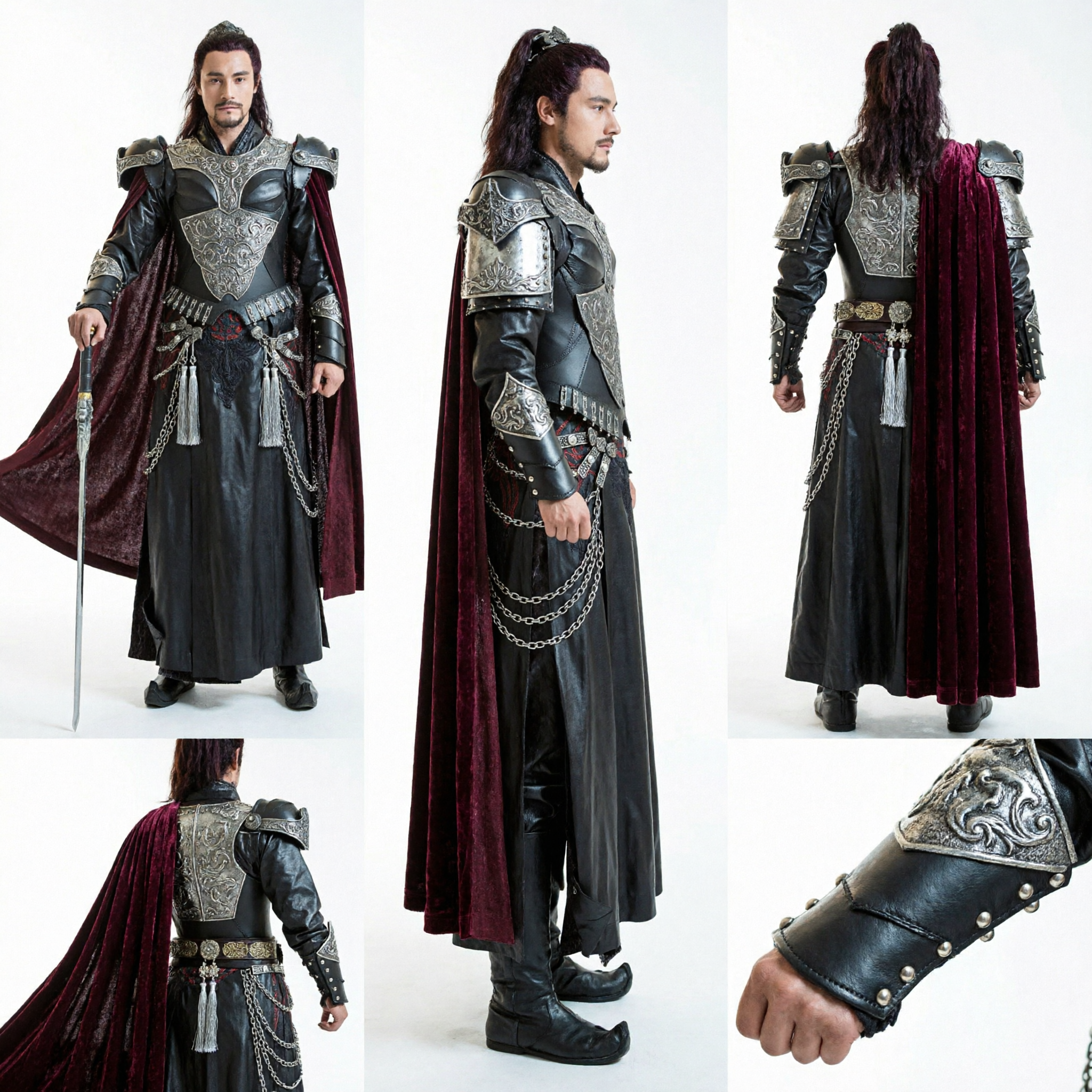 Męski starożytny chiński kostium generała-wojownika, czarna zbroja i szata z czerwoną peleryną do cosplayu i występów - Asian Costume