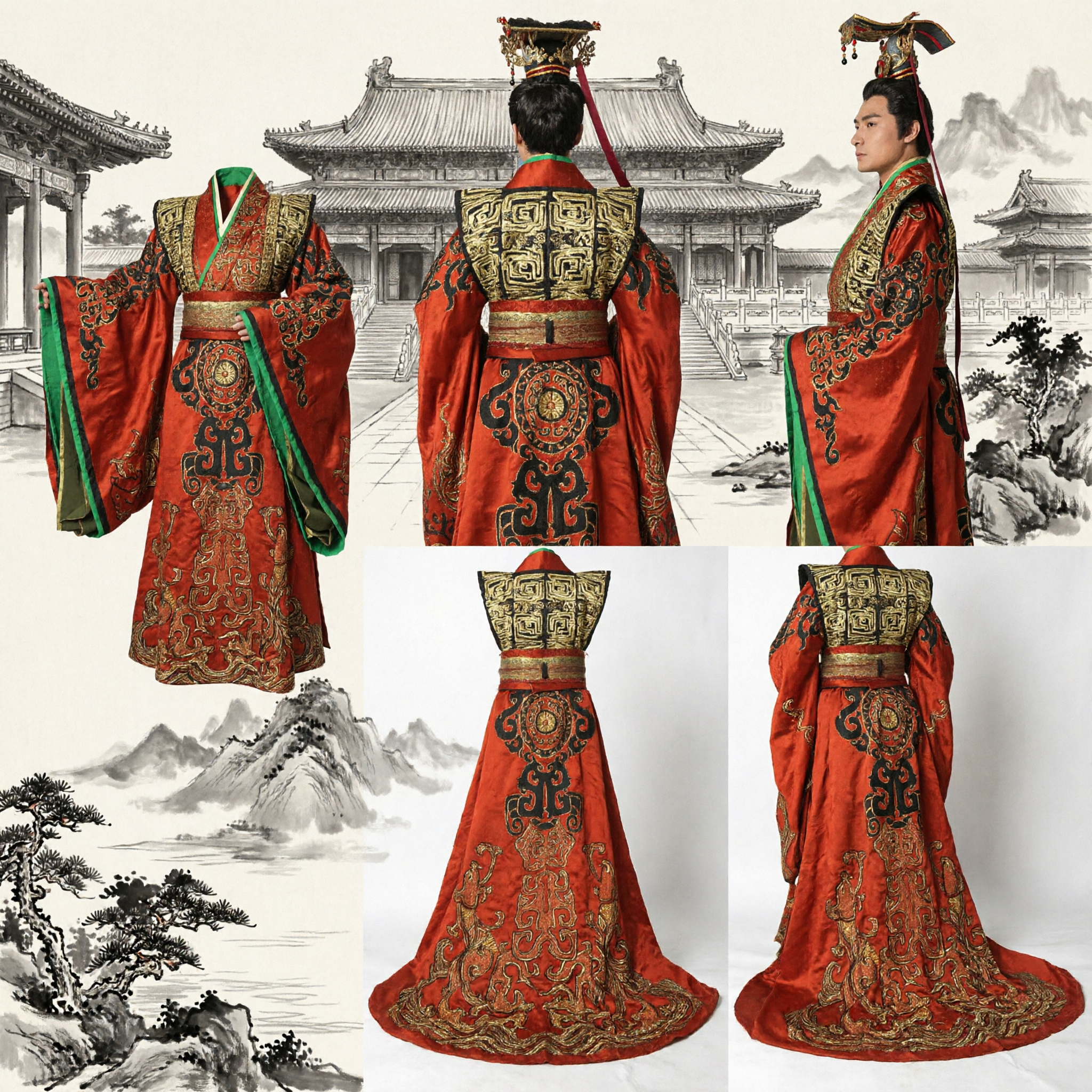 전통 남성 고대 중국 진나라 황제 복장 빨강 자수 로브 한푸 무대 공연용 - Asian Costume