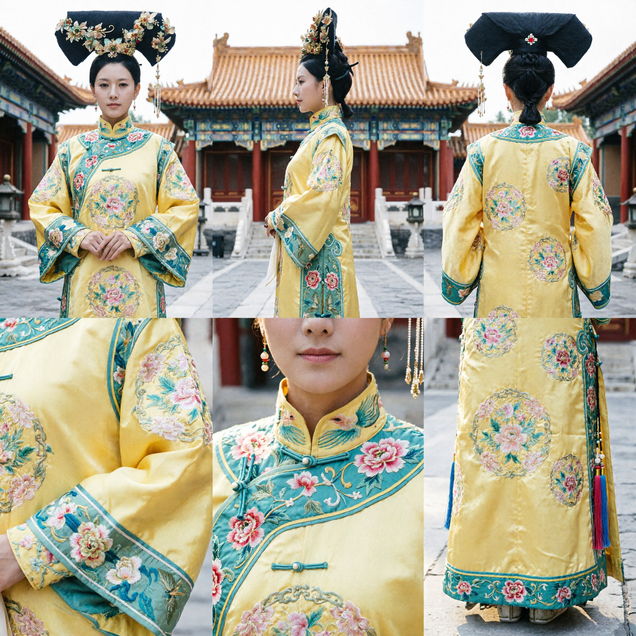 伝統中国清朝宮廷女官コスチューム 黄刺繍ローブ 花簪付き 女性用コスプレ - Asian Costume