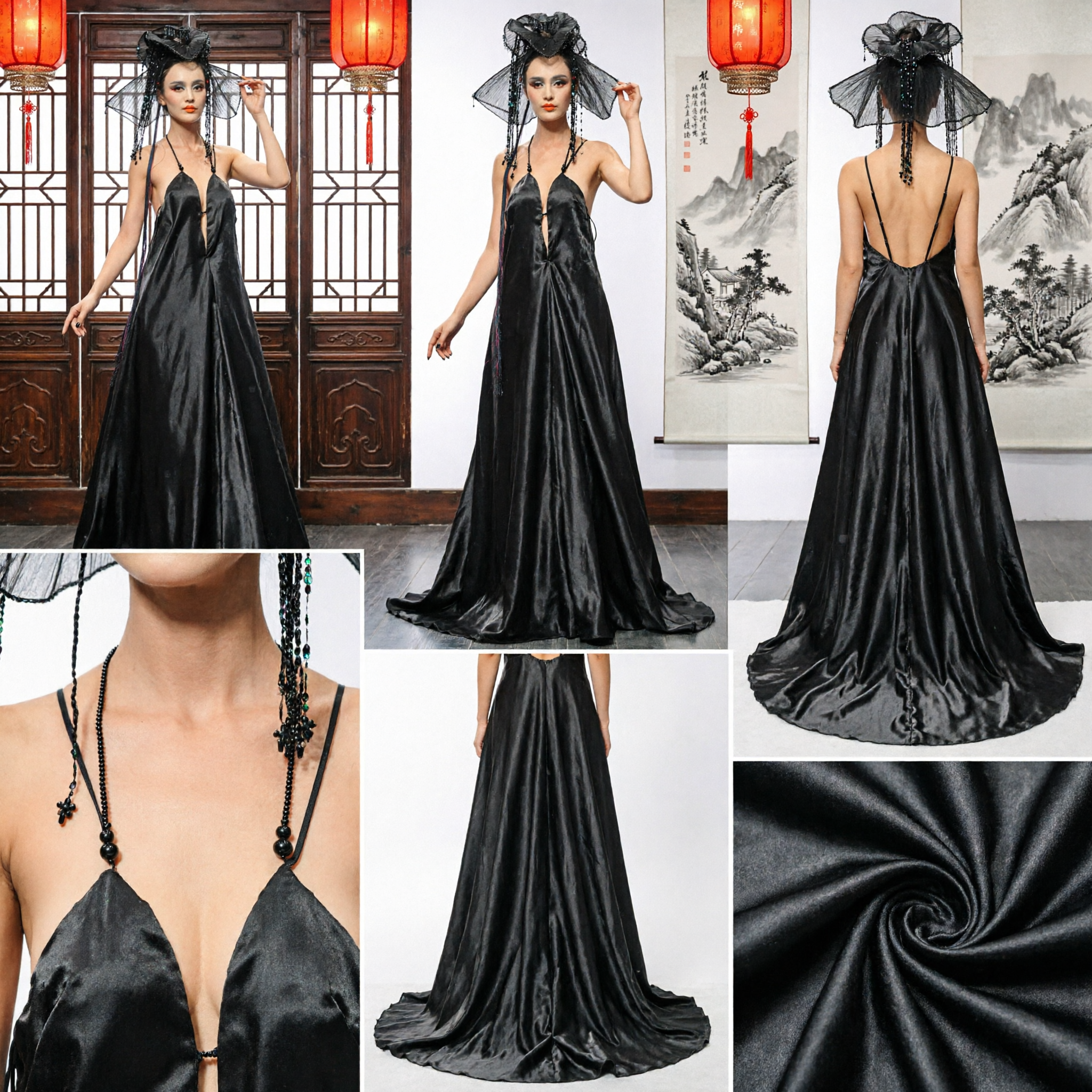 Elegant Black Textured Feather Evening Gown Spaghetti Strap Floor Length Formal Dress for Prom - Asian Costume