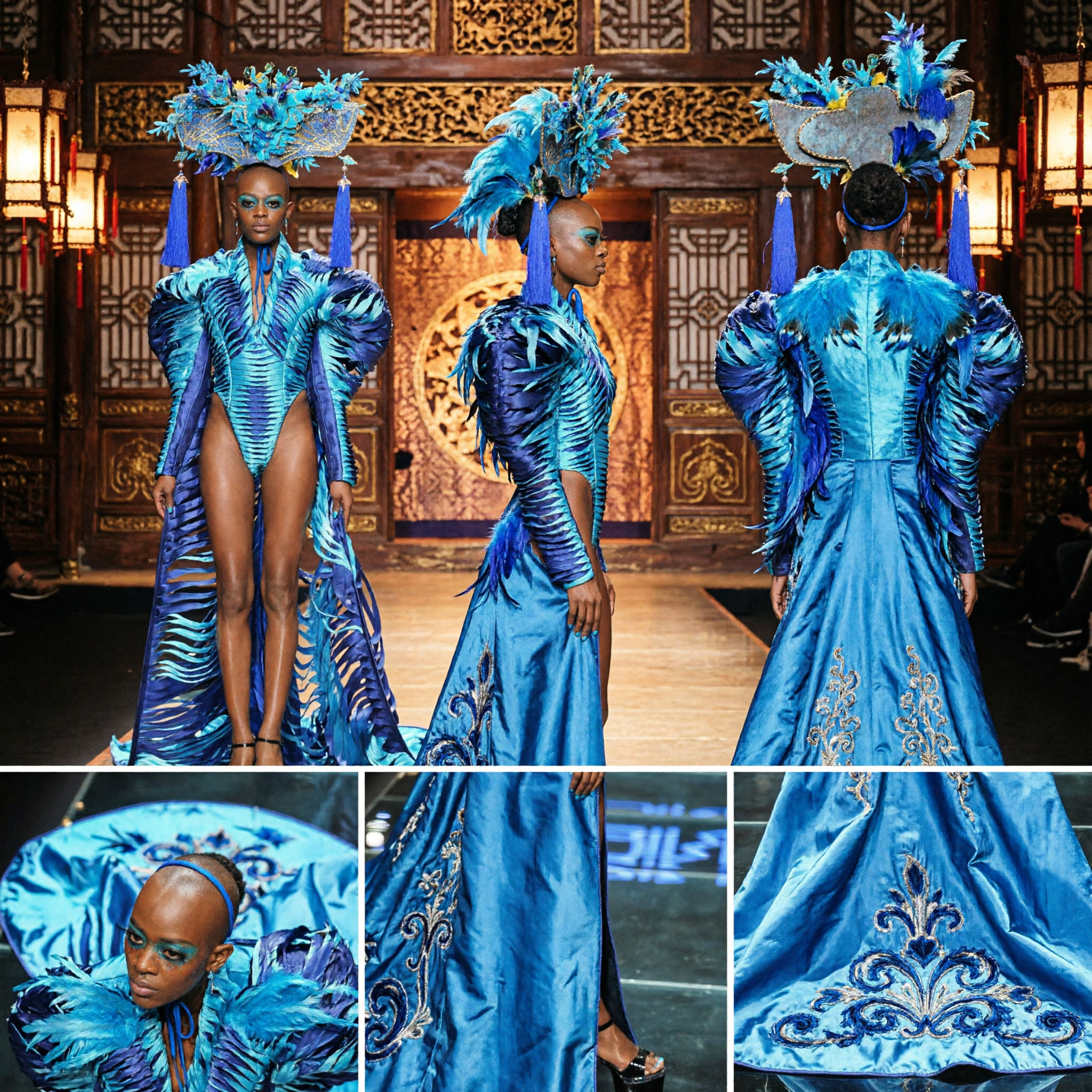 Elegant Rode Satijnen Cheongsam Bruidsjurk met Gouden Feniks Cape en Kroon voor Traditionele Chinese Bruid - Asian Costume