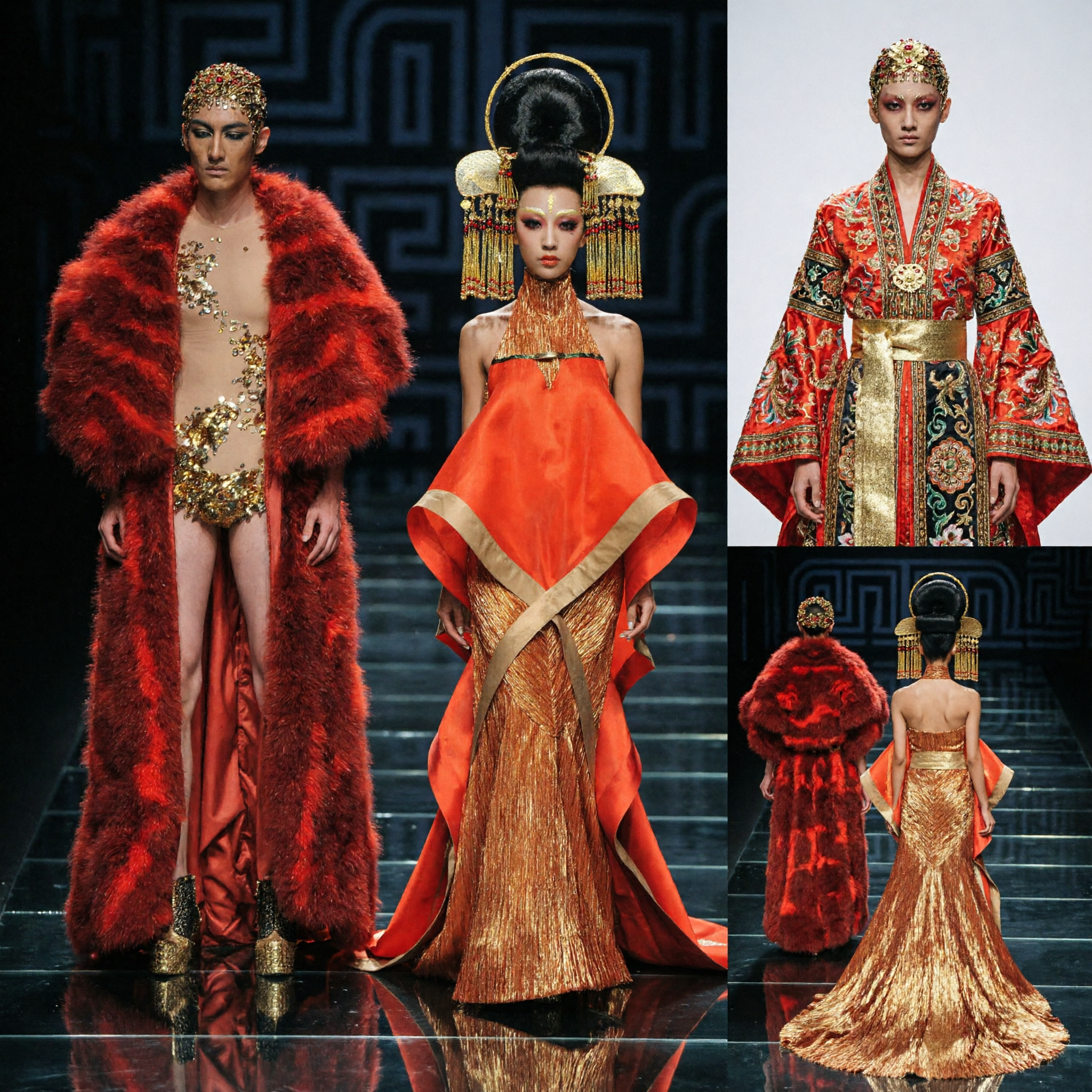 Avantgarde chinesisches traditionelles Bühnenkostüm Orange und Gold Kleid mit Phönix-Kopfschmuck für Laufstegauftritt - Asian Costume