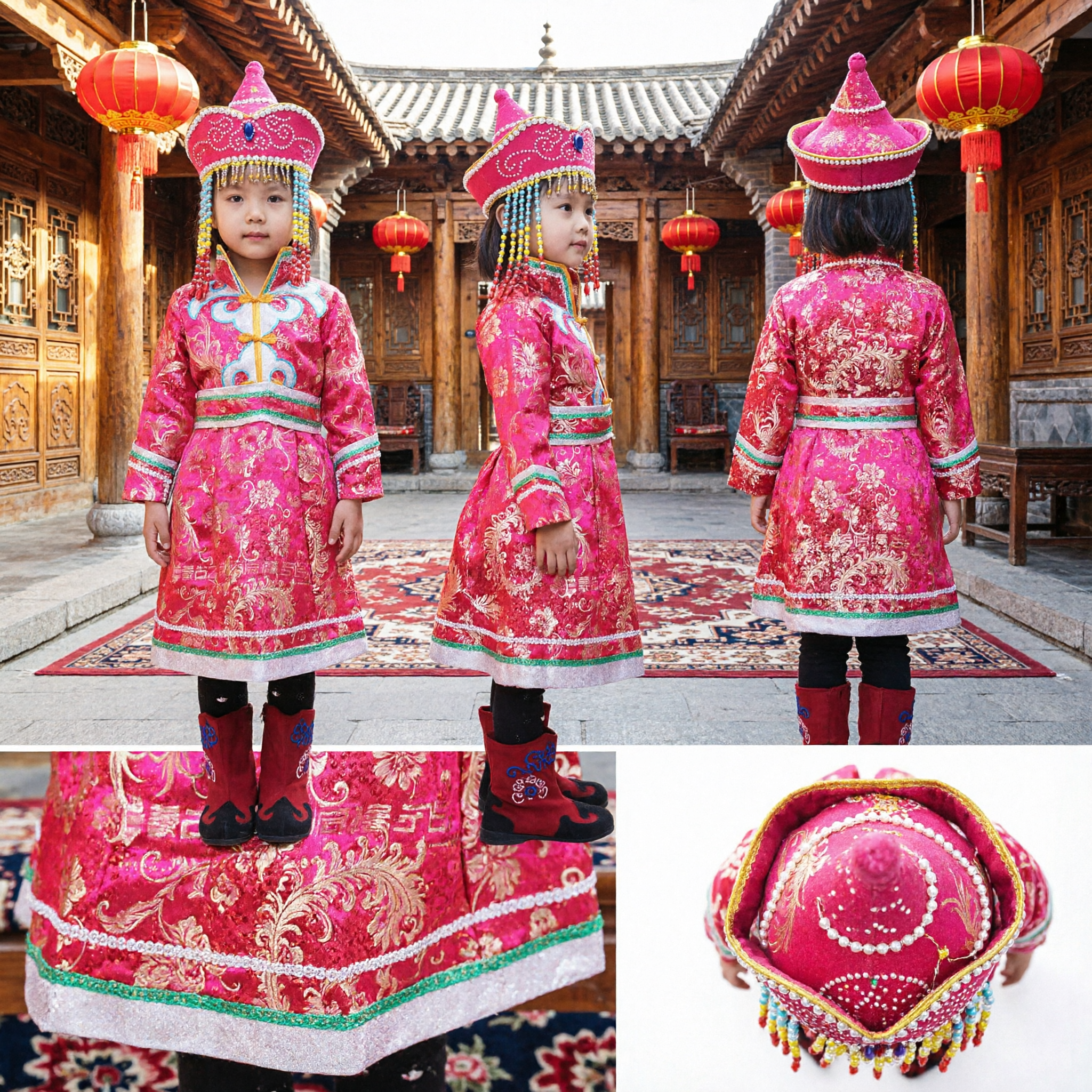 Traje Tradicional de Dança Mongoliano Rosa para Meninas, Robe Étnico Infantil com Chapéu e Botas para Performance no Palco - Asian Costume