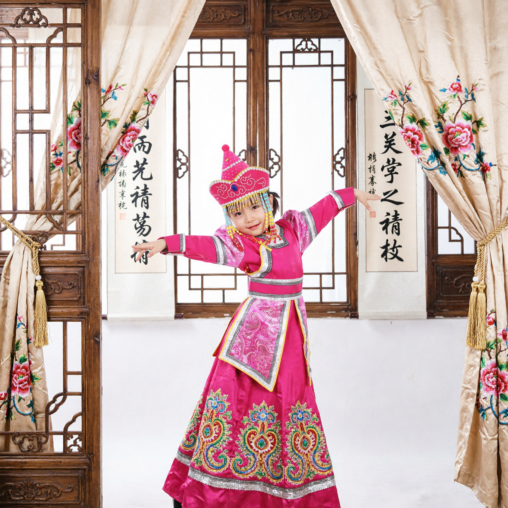 Costume de danse traditionnel mongol rose pour enfants filles, tenue de performance scénique ethnique minoritaire avec chapeau - Asian Costume
