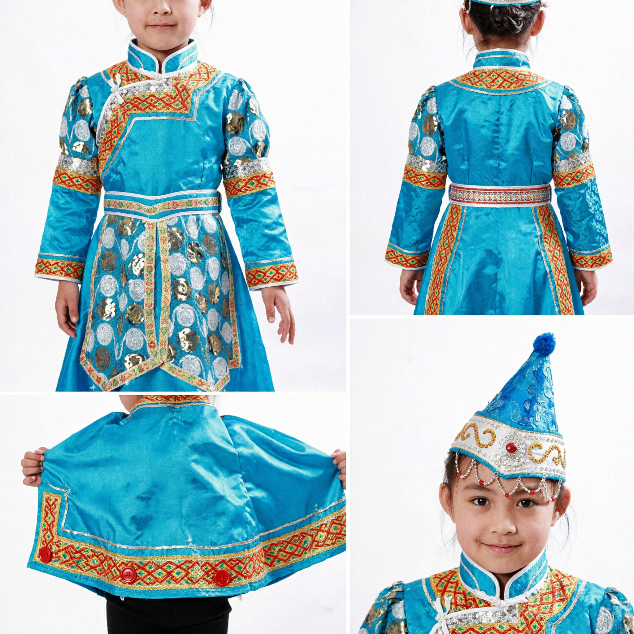 Traje Tradicional de Dança Étnico Mongoliano Azul para Meninos, Fantasia Folclórica Infantil para Performance no Palco - Asian Costume