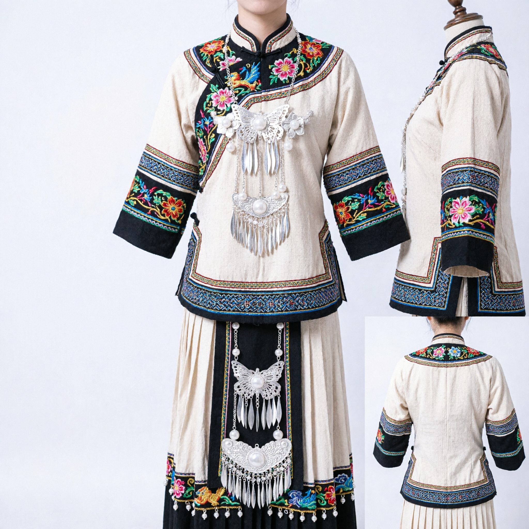 Изысканная традиционная китайская серебряная шпилька-бабочка с цветочными акцентами и свисающими цепочками для женщин в ханьфу - Asian Costume