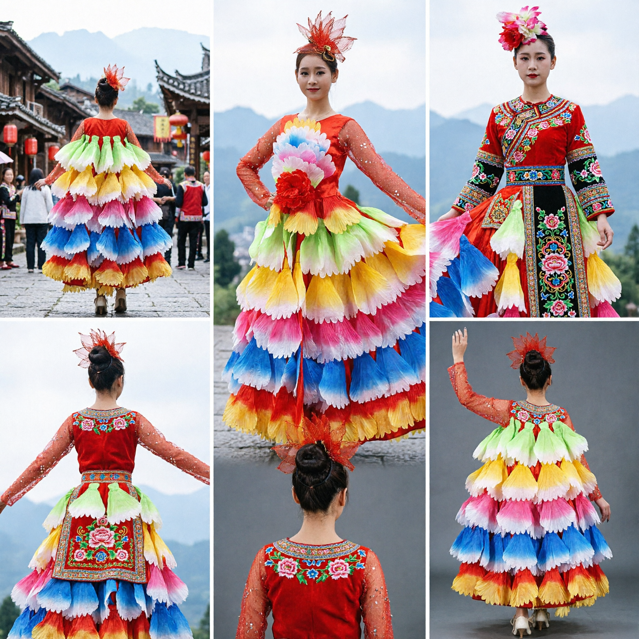 Vrouwen Levendige Regenboog Ruffle Latin Dansjurk Traditioneel Podiumoptreden Kostuum met Hoofddeksel - Asian Costume