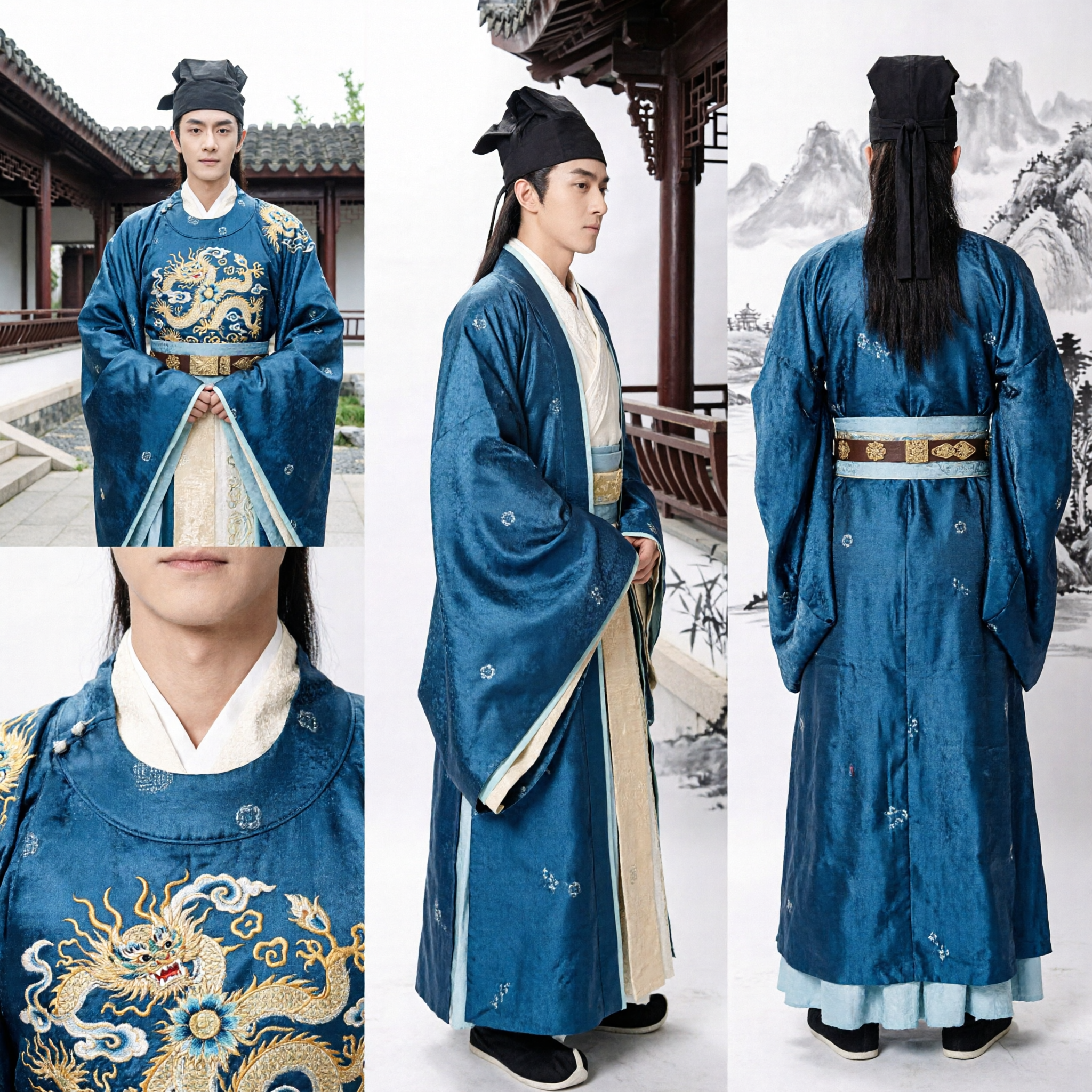 Traje Hanfu de Estudioso Chinês Antigo para Homens, Robe Azul, Conjunto de Roupa Histórica Tradicional para Cosplay - Asian Costume