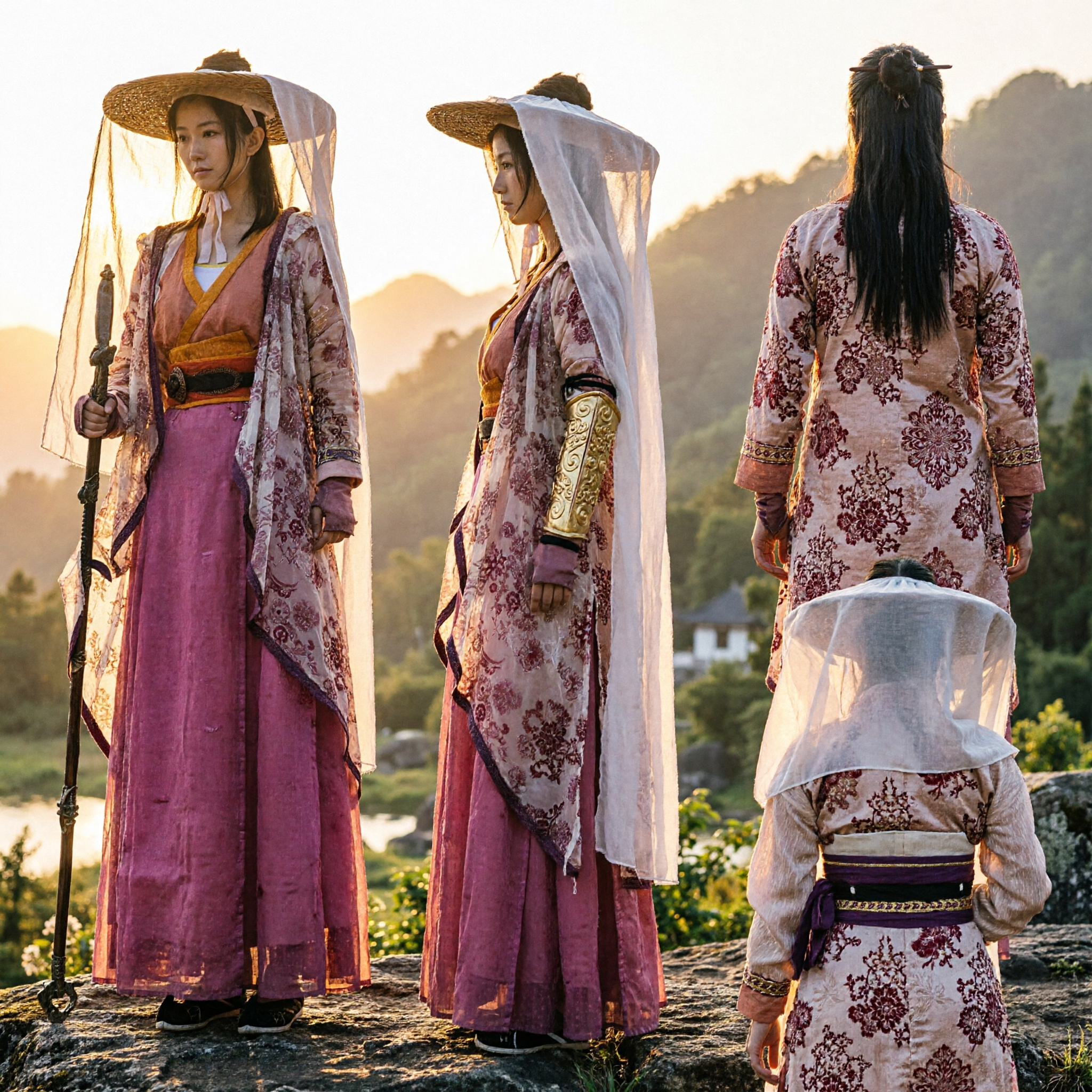 Traditionelles chinesisches Wuxia-Schwertkämpferin-Hanfu-Kostüm-Set mit verschleiertem Breitkrempenhut für Frauen - Asian Costume