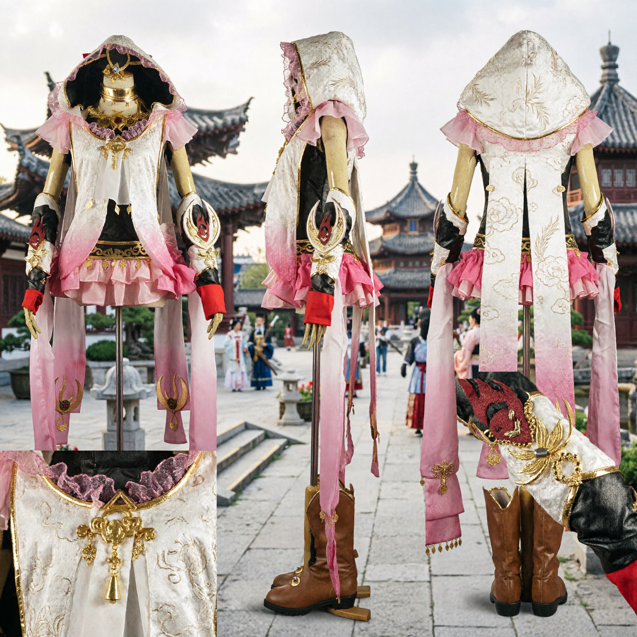 Costume Fantaisie Rose Chinois Traditionnel pour Enfants Ensemble de Cosplay Hanfu Princesse Guerrière Ancienne avec Cape à Capuche et Bottes - Asian Costume
