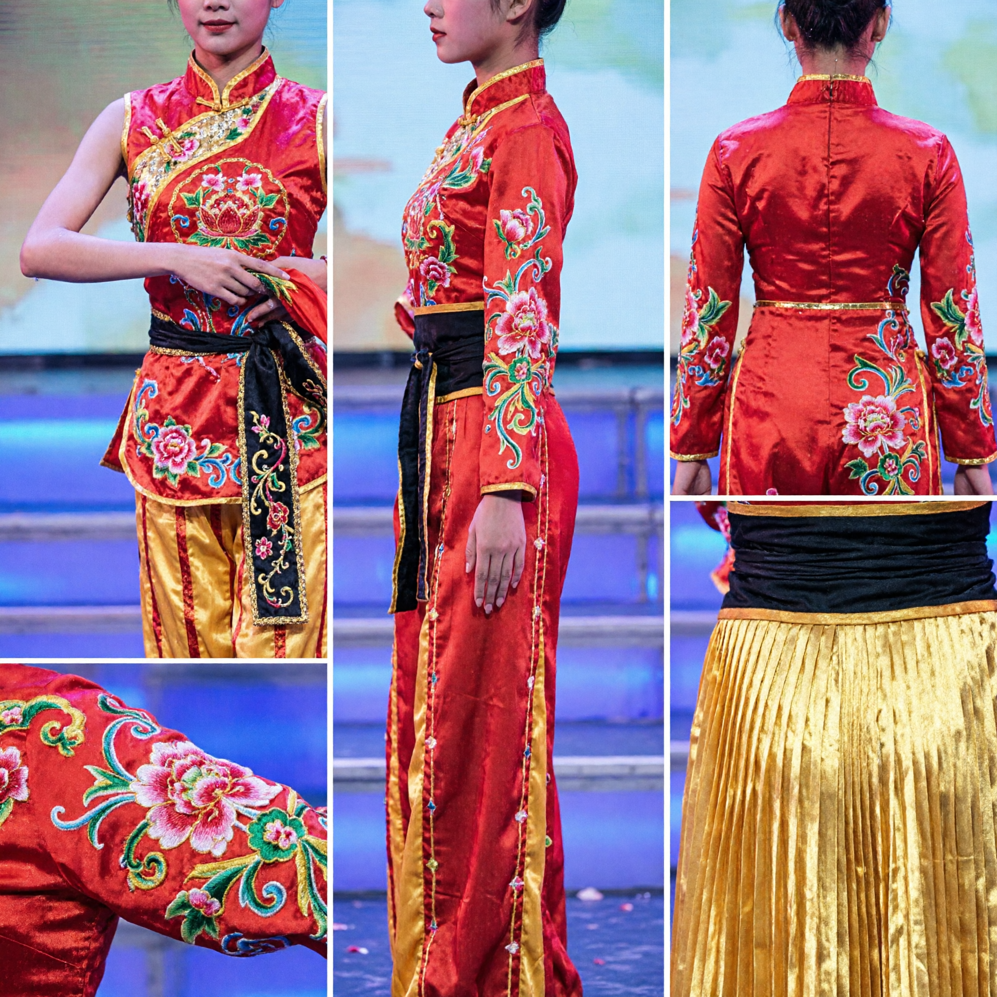 Traditionele Chinese Buikdans Trommel Kostuum voor Meisjes Rood en Geel Folkloristisch Optreden Outfit Set - Asian Costume