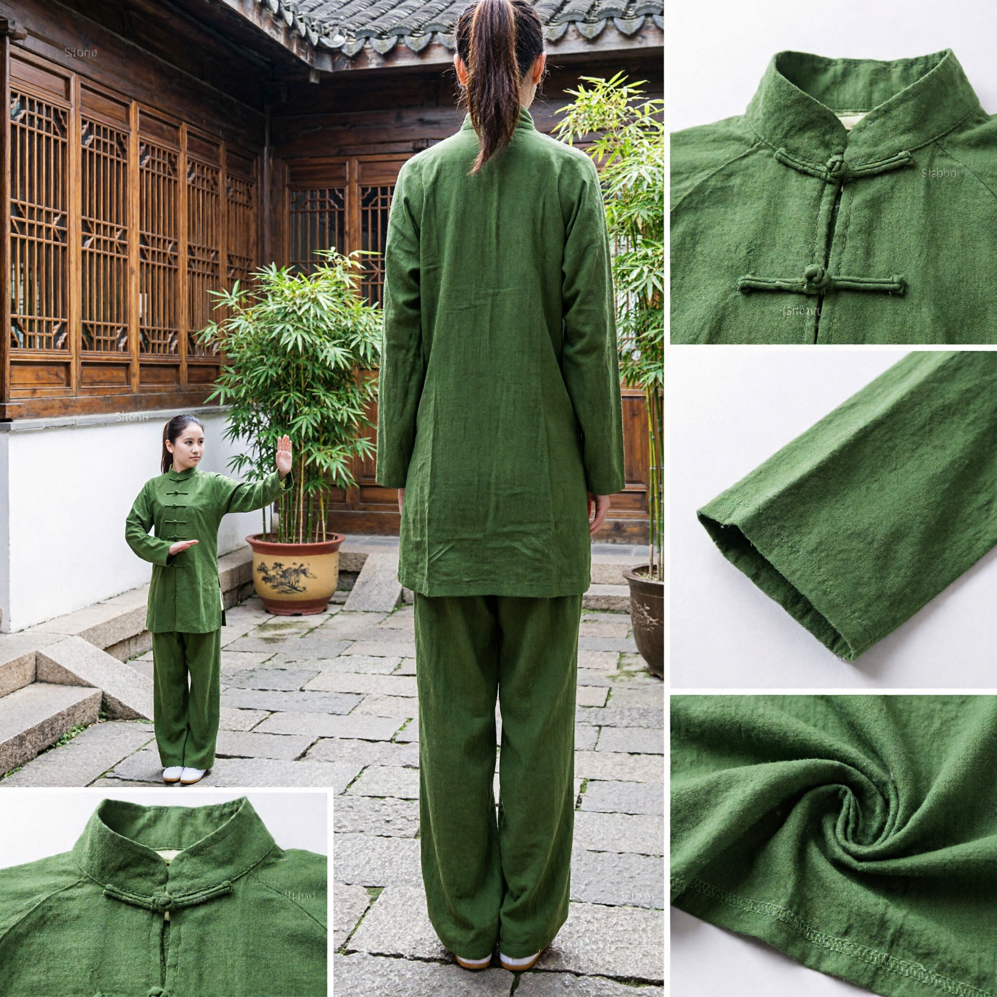 Frauen-Traditionelle grüne Leinen-Tai Chi Uniform, Kung Fu-Anzug für Kampfkunsttraining und Auftritte - Asian Costume