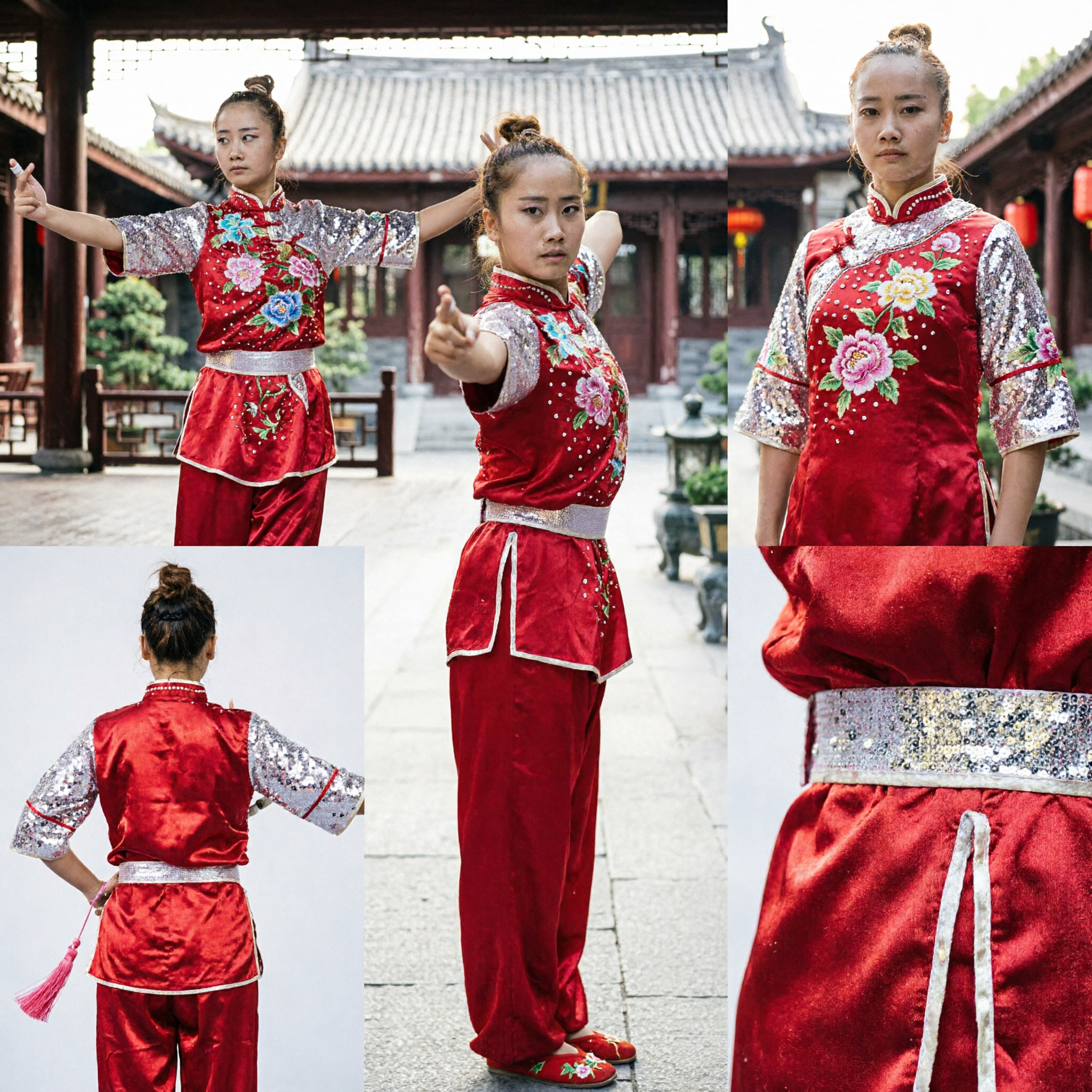Frauen-Rote Blumen-chinesische Wushu-Uniform, Changquan-Kung Fu-Wettkampfkostüm, traditionelles Kampfkunst-Outfit - Asian Costume