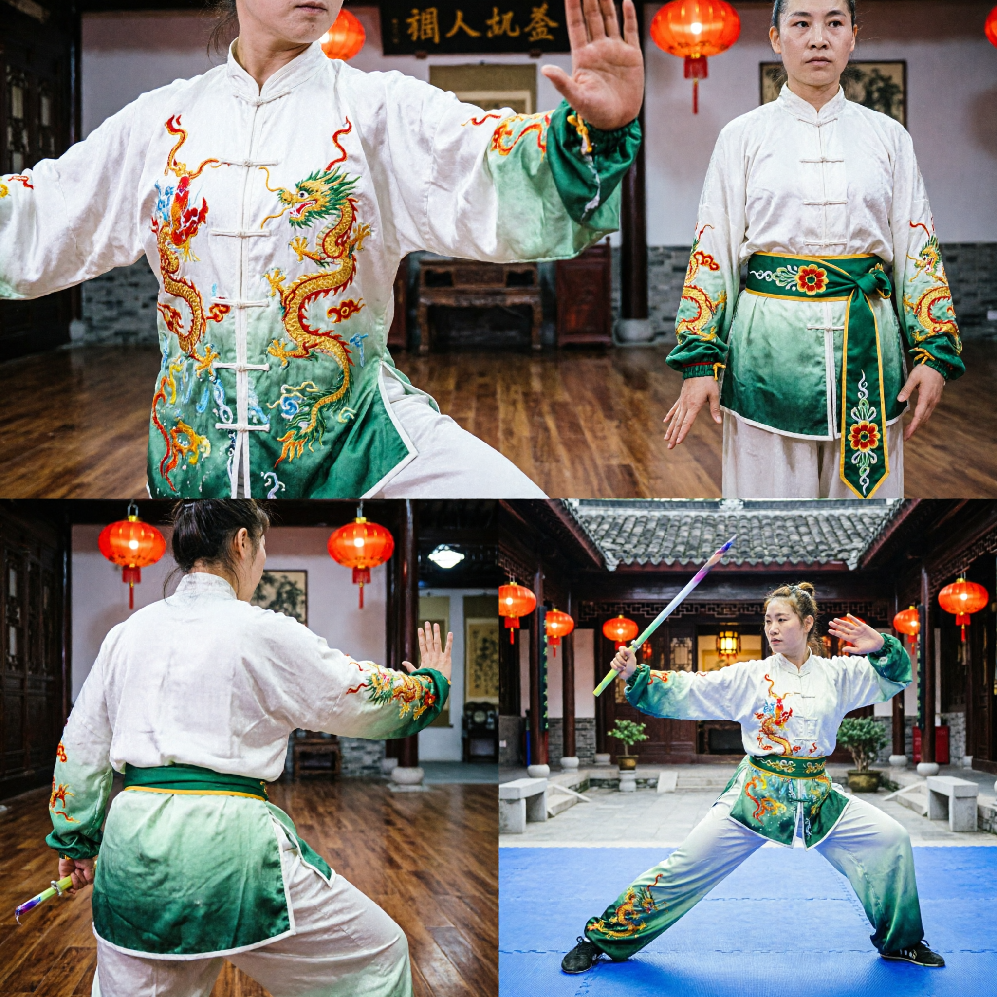 Damen-Professionelle-Wushu-Wettkampfuniform Tai-Chi-Kung-Fu-Anzug Verlauf-Grün-Drachen-Stickerei-Kostüm - Asian Costume
