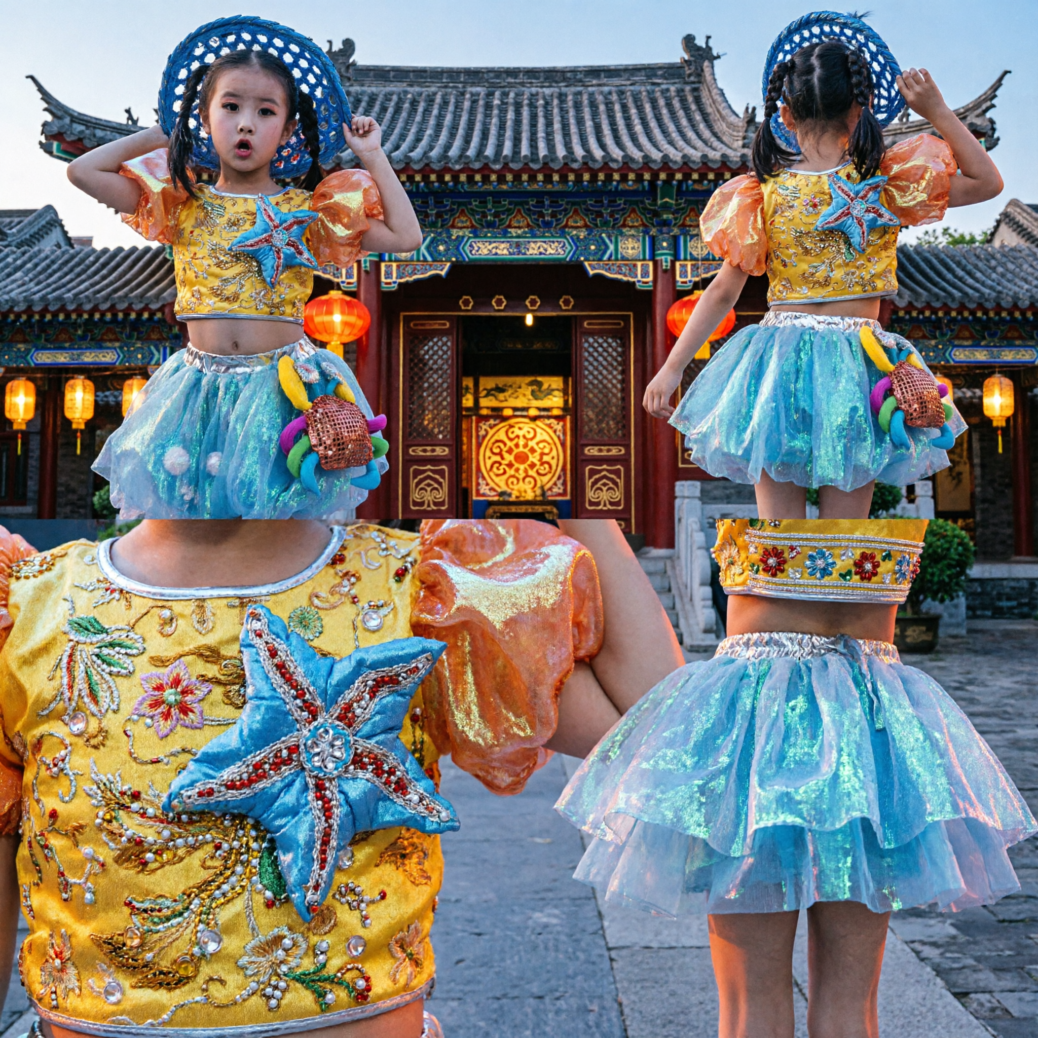 Traje de Danza de Sirena con Tema Oceánico para Niñas Top Amarillo con Lentejuelas, Falda Tutú Azul y Conjunto con Sombrero - Asian Costume