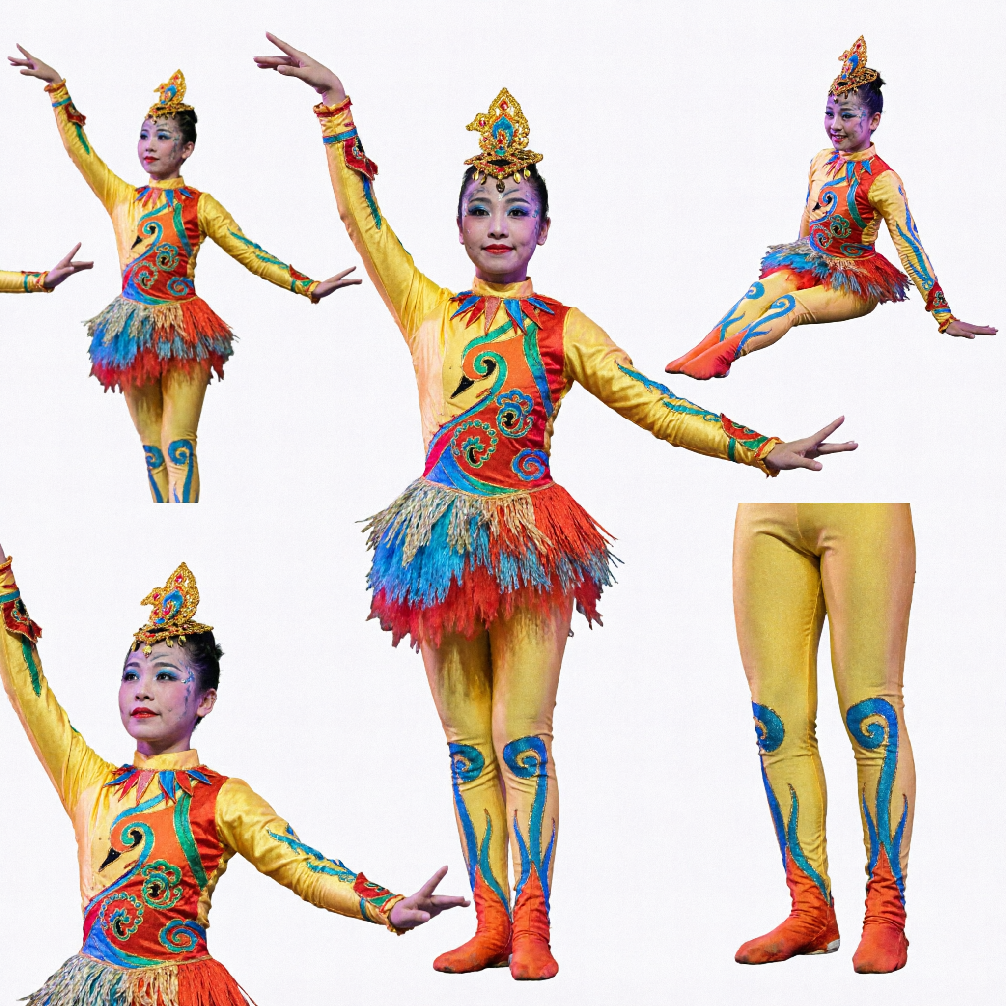 زي الرقص الشعبي الصيني التقليدي الأصفر للسيدات، ملابس أداء مسرحي مع غطاء الرأس والأكمام - Asian Costume