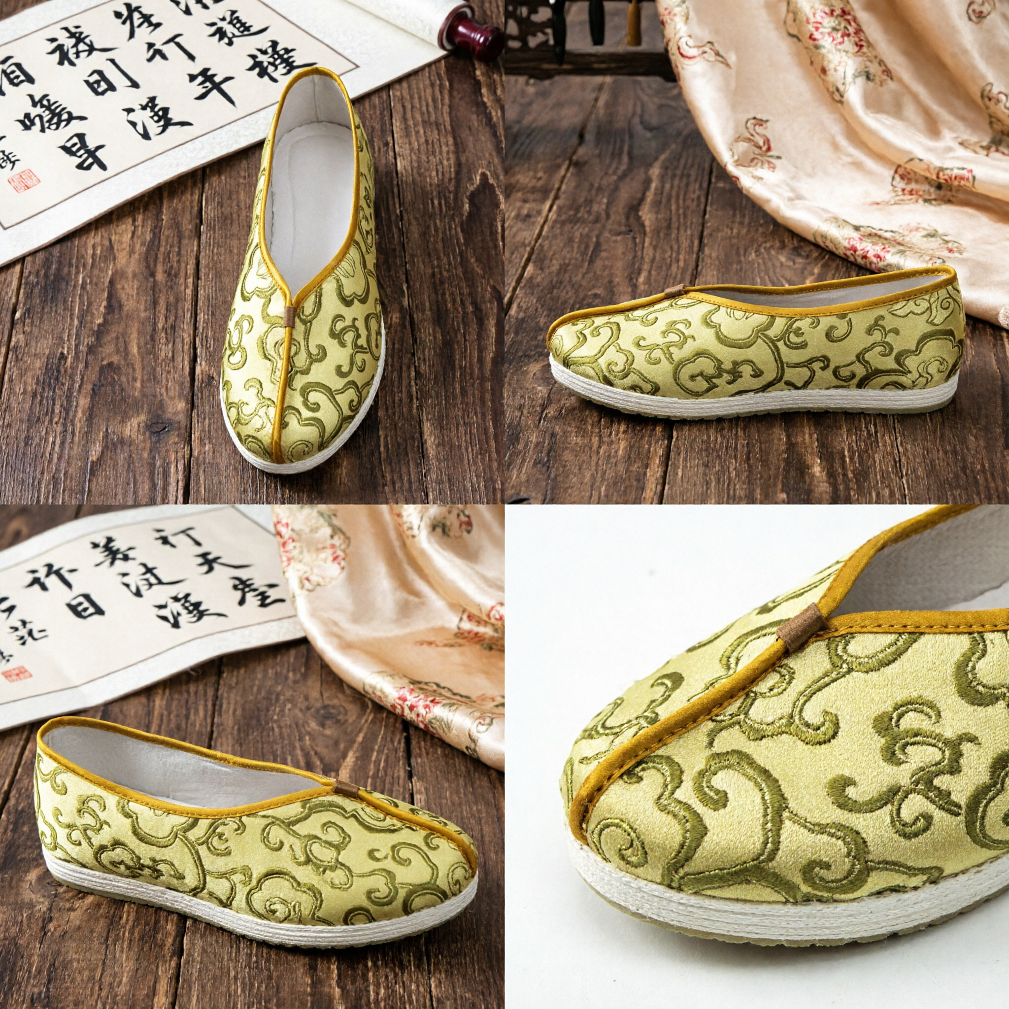 Zapatos Hanfu de Brocado de Seda Tradicional Chino, Patrón de Nubes Doradas, Zapatillas sin Cordones para Bodas, Ceremonia del Té y Kung Fu - Asian Costume