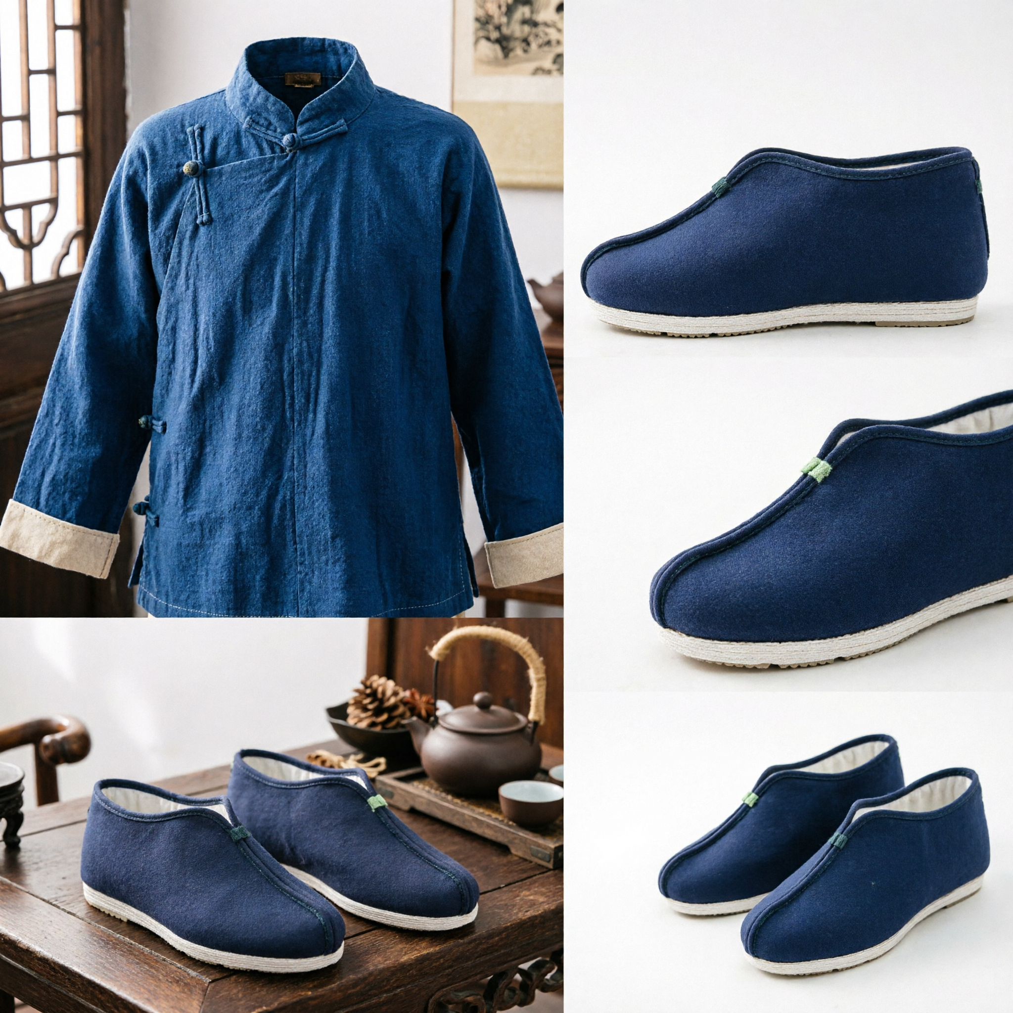 Sapatos de Pano Azul Marinho Tradicionais Chineses para Homens, Slip-On Casual para Kung Fu e Tang Suit - Asian Costume
