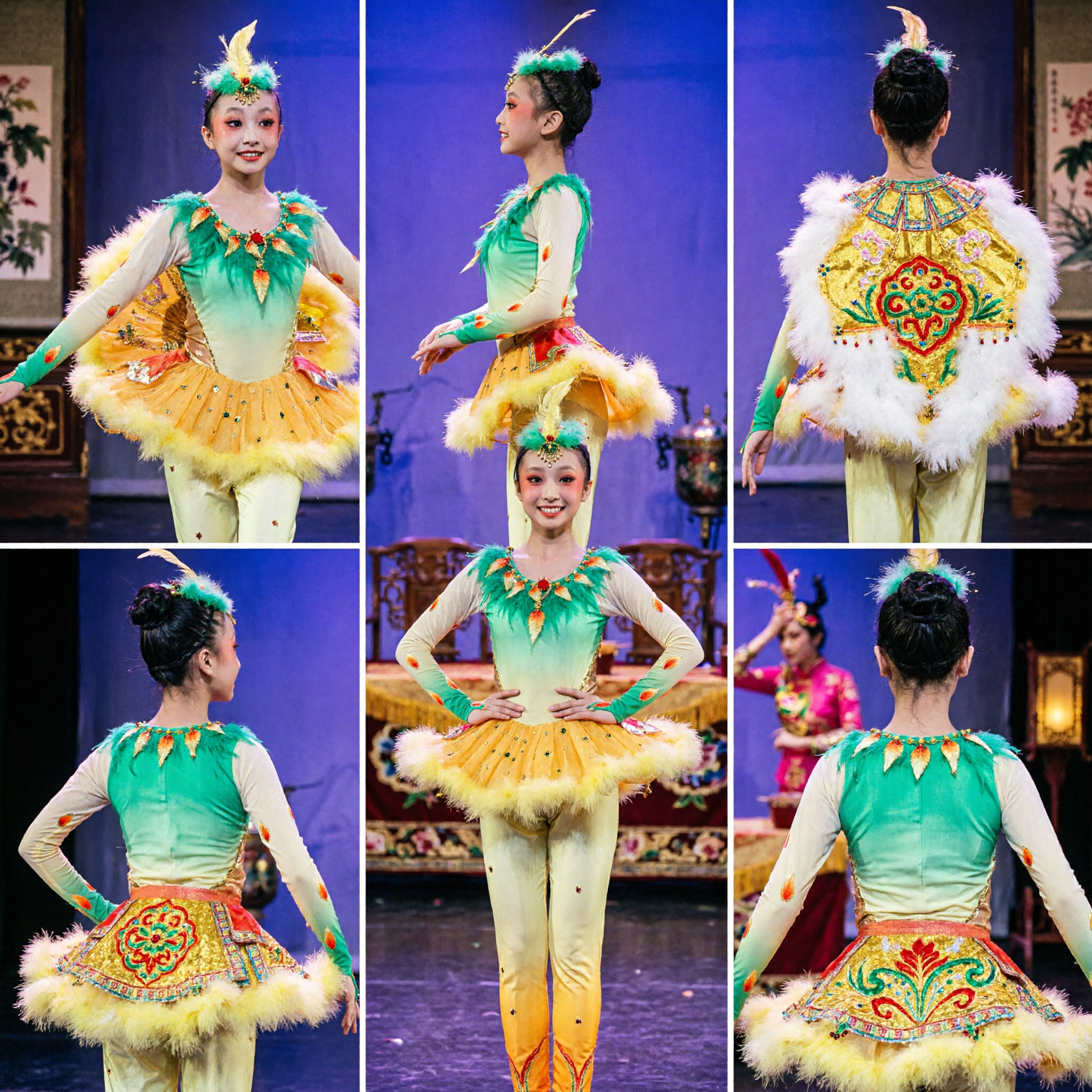 Costume Professionale per la Danza del Pavone Tradizionale Cinese, Abito con Piume Giallo e Verde per Donne per Spettacoli - Asian Costume