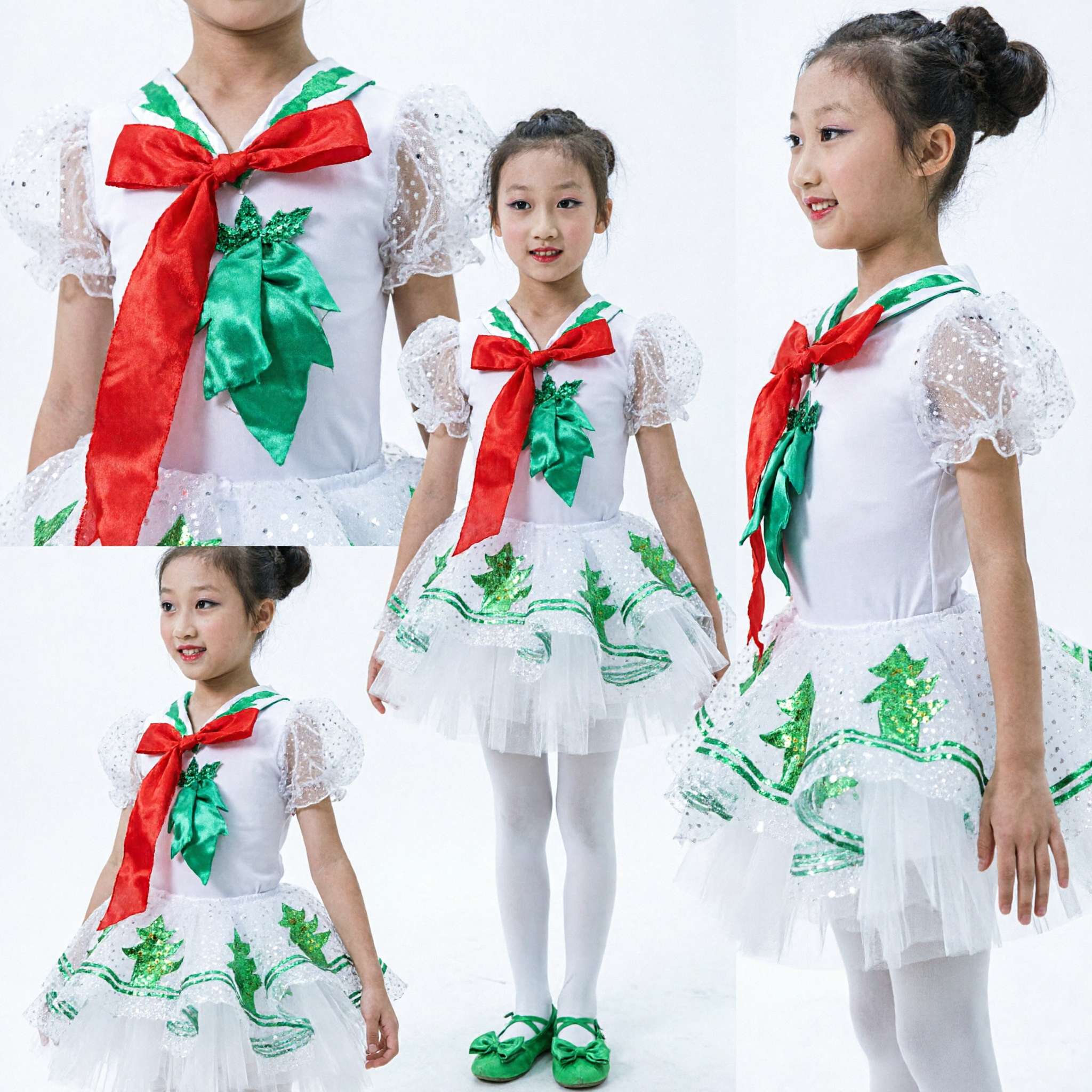 Costume de danse de sapin blanc pour filles, tutu avec broderie verte pour spectacle de Noël sur scène - Asian Costume
