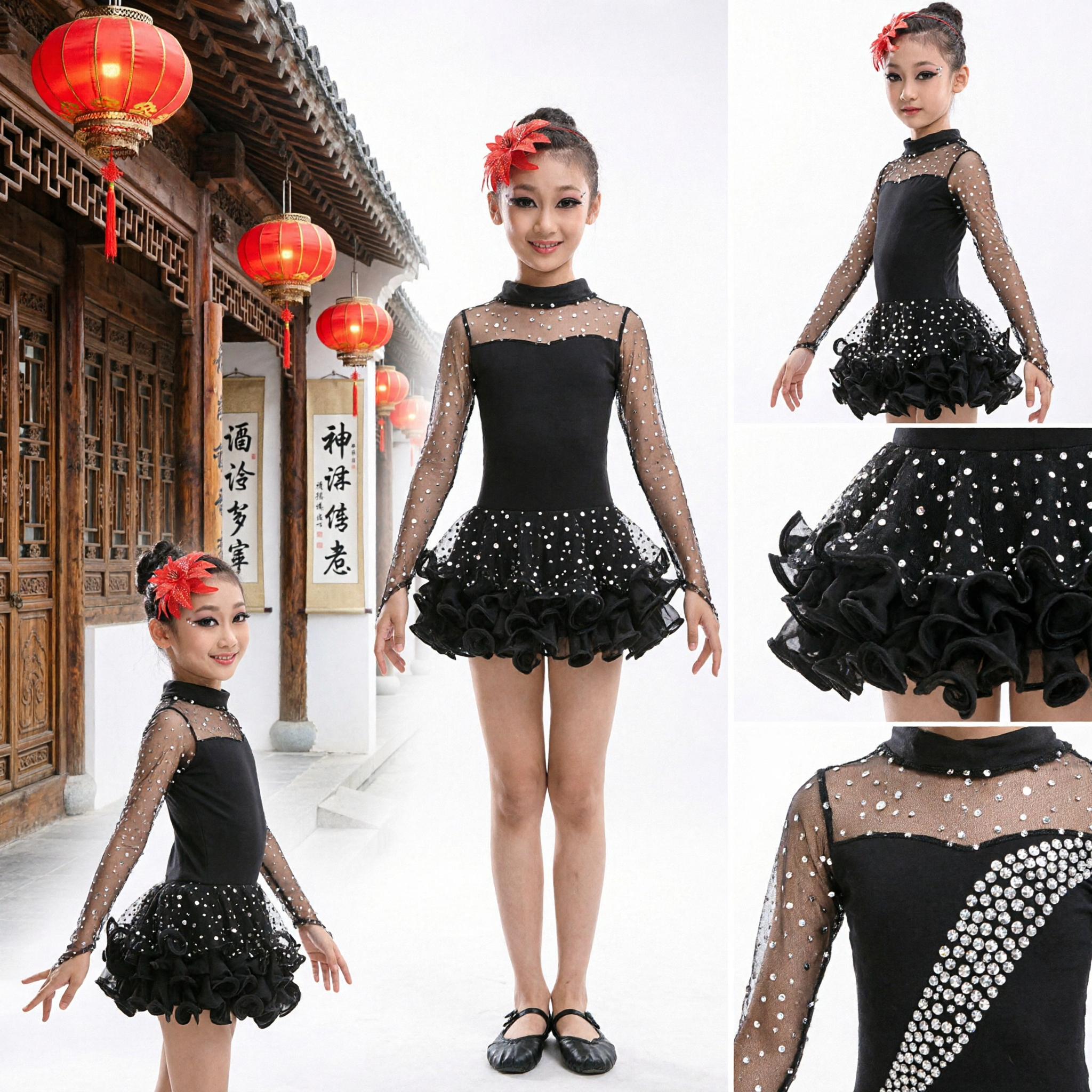 Abito da Danza Latina Nero per Bambine con Maniche in Pizzo e Strass e Gonna a Balze, per Spettacoli di Ballroom - Asian Costume