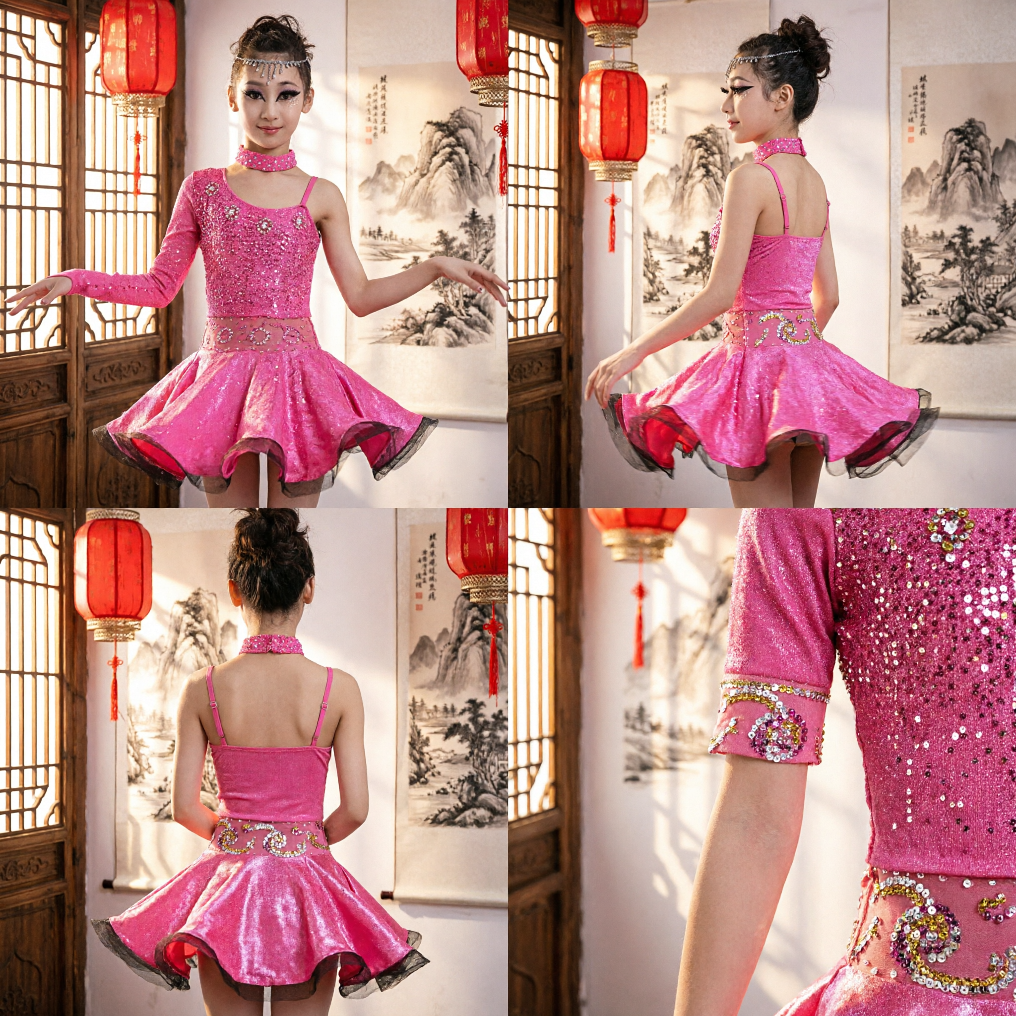 Mädchen-Rosa Latein-Tanzkleid, Kinder-Pailletten-Ballroom-Wettbewerbskostüm mit passendem Kopfschmuck und Choker - Asian Costume
