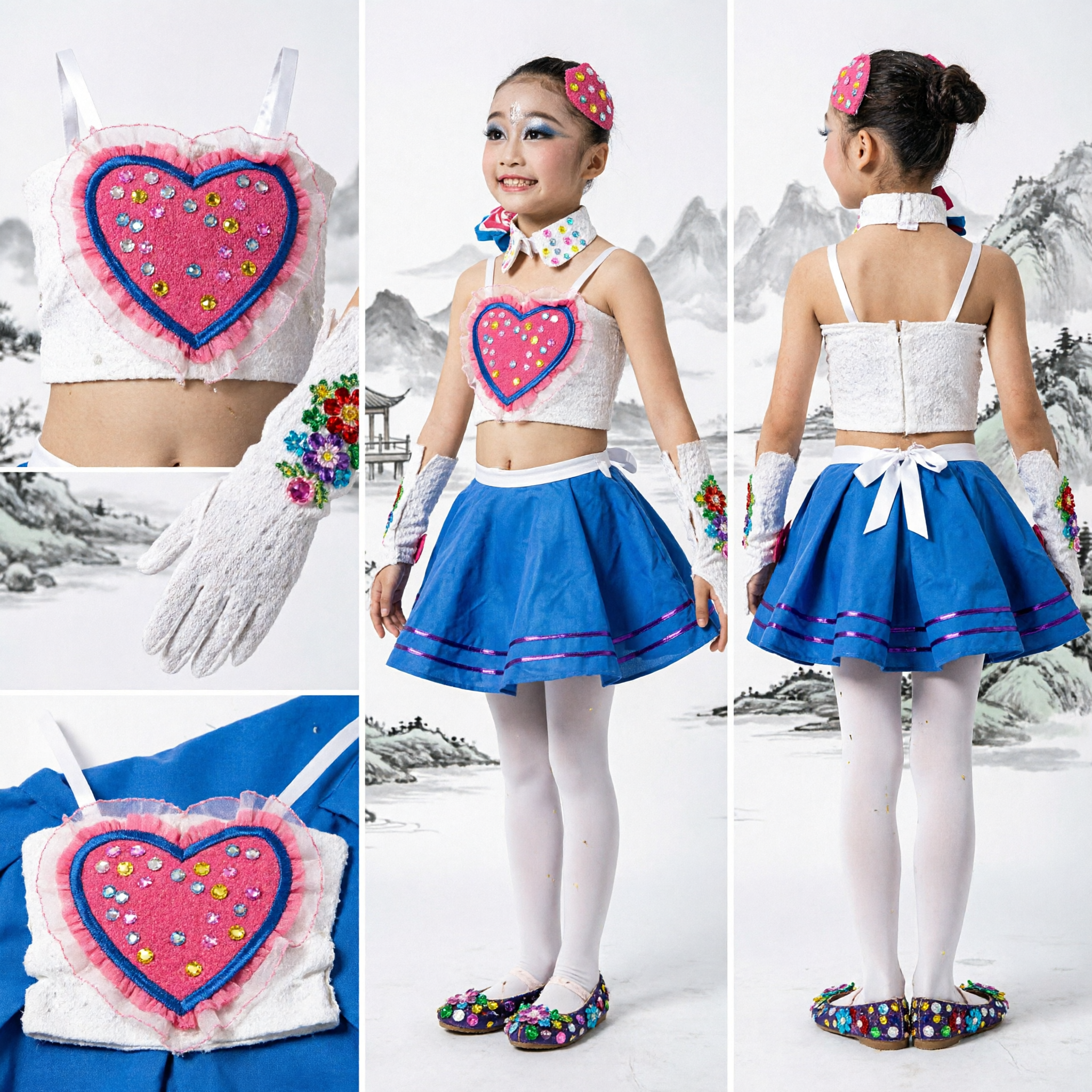 Mädchen-Jazz-Tanzkostüm, blaues Tutu-Kleid, Herz-Top, modernes Bühnenaufführungs-Outfit für Kinder - Asian Costume