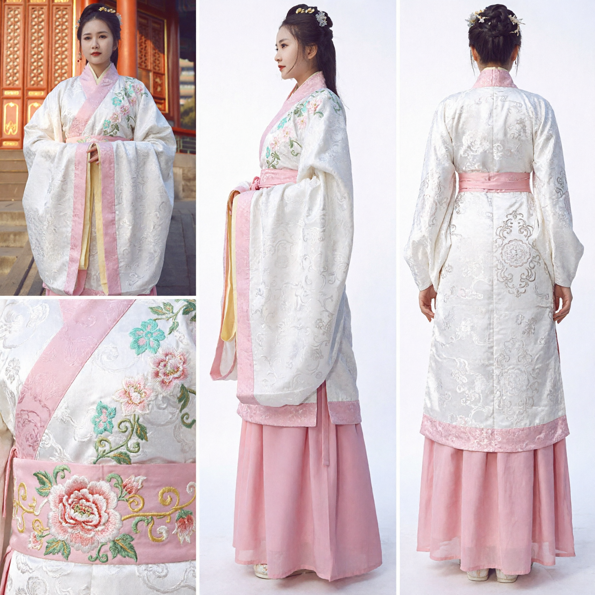 Tradycyjny chiński strój Hanfu, elegancki różowo-biały haftowany zestaw starożytnej sukni dla kobiet - Asian Costume