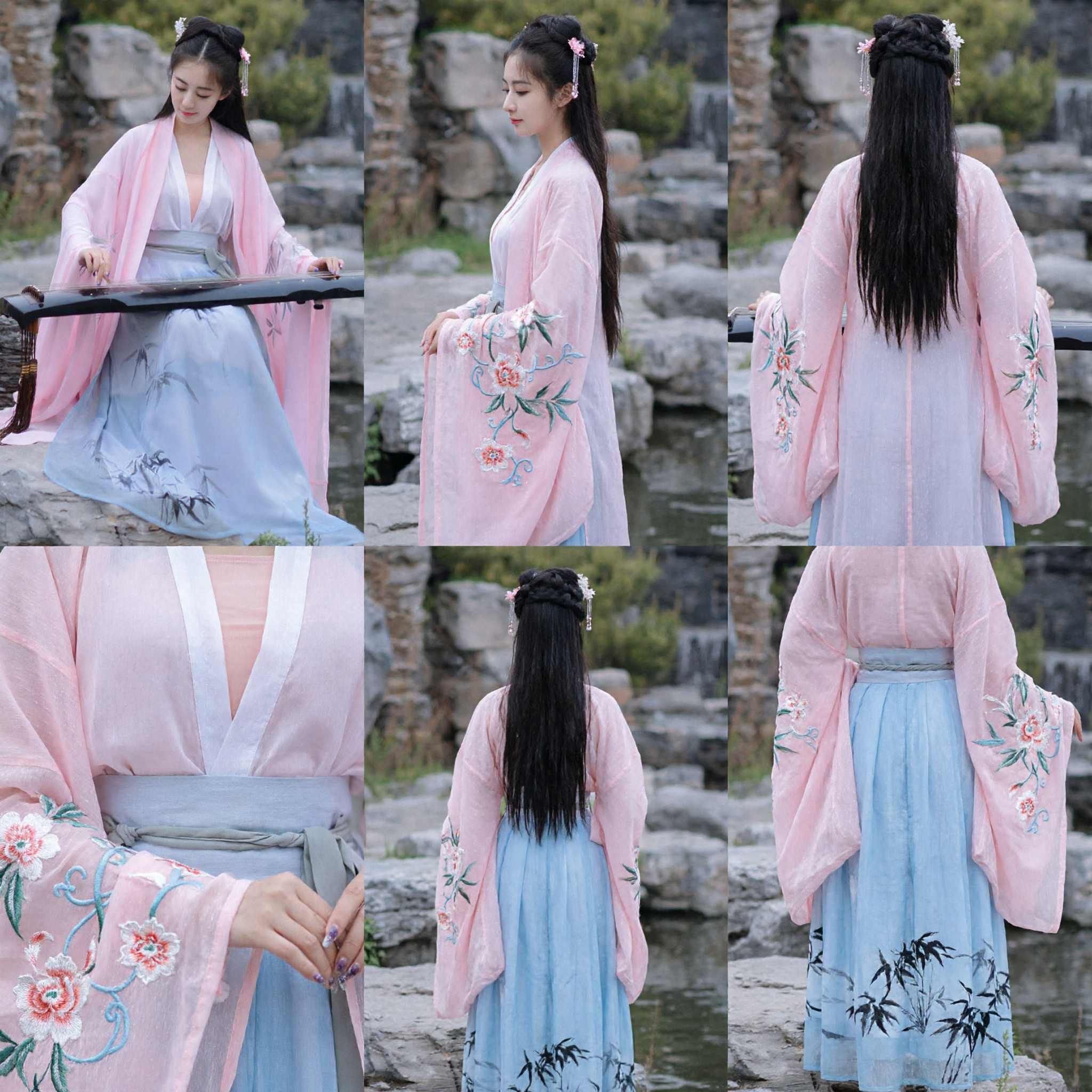 Robe traditionnelle chinoise Hanfu pour femmes - Robe transparente rose et jupe bambou bleue - Ensemble complet de costume ancien - Asian Costume