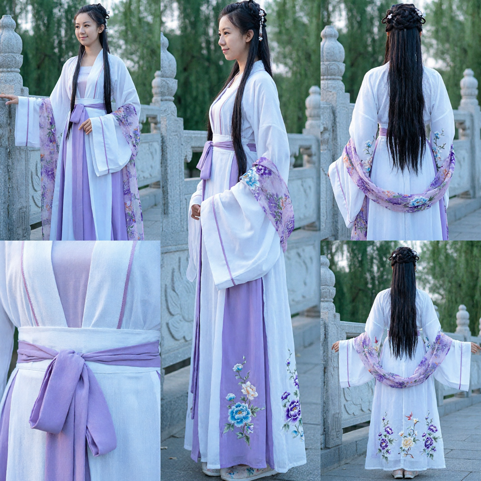 Traditionelles chinesisches Hanfu für Frauen lila floraler weiter Ärmel antikes Kostüm für Cosplay und Fotografie - Asian Costume