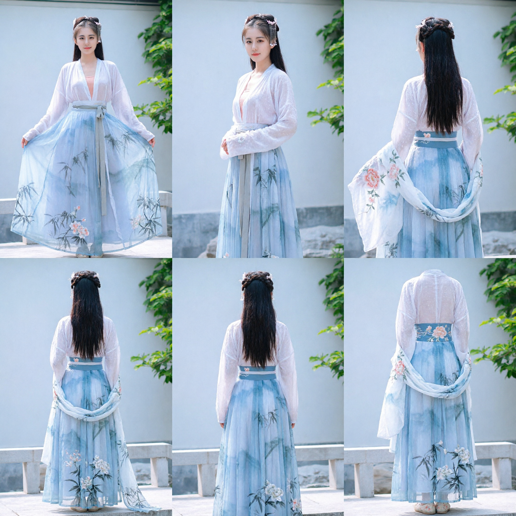 Robe traditionnelle chinoise Hanfu pour femmes - Ensemble de jupe élégante à motif bambou bleu - Costume ancien - Asian Costume