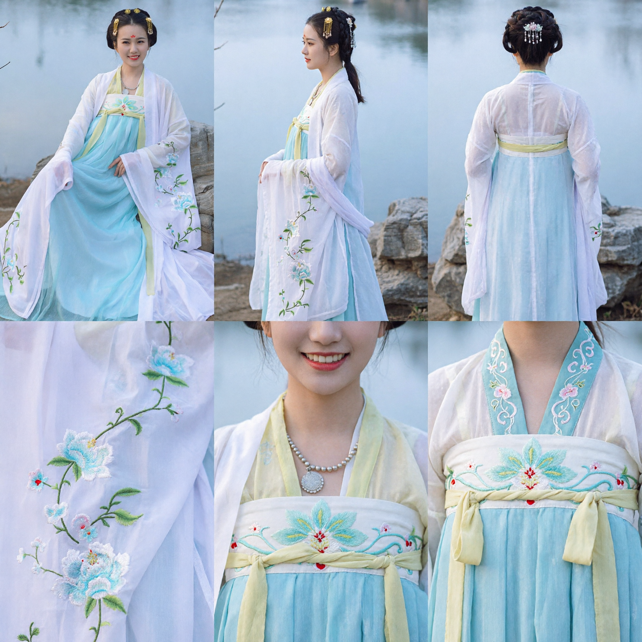 Tradycyjny chiński strój Hanfu z dynastii Tang, niebieska haftowana starożytna suknia kostiumowa dla kobiet do cosplayu i występów - Asian Costume