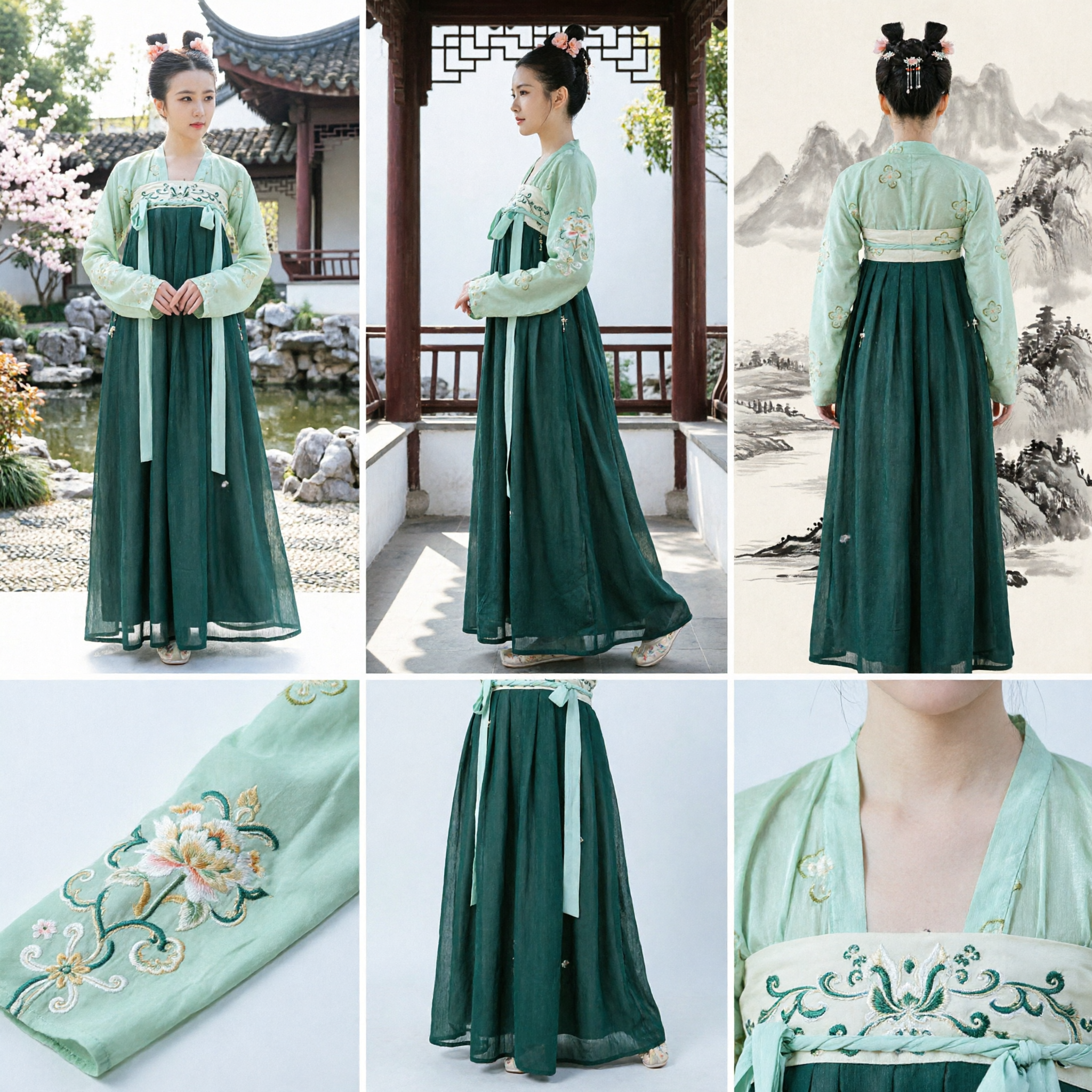 Conjunto de Vestido Ruqun Tradicional Chinês Hanfu da Dinastia Tang Verde Elegante Roupa Histórica para Fotografia Feminina - Asian Costume