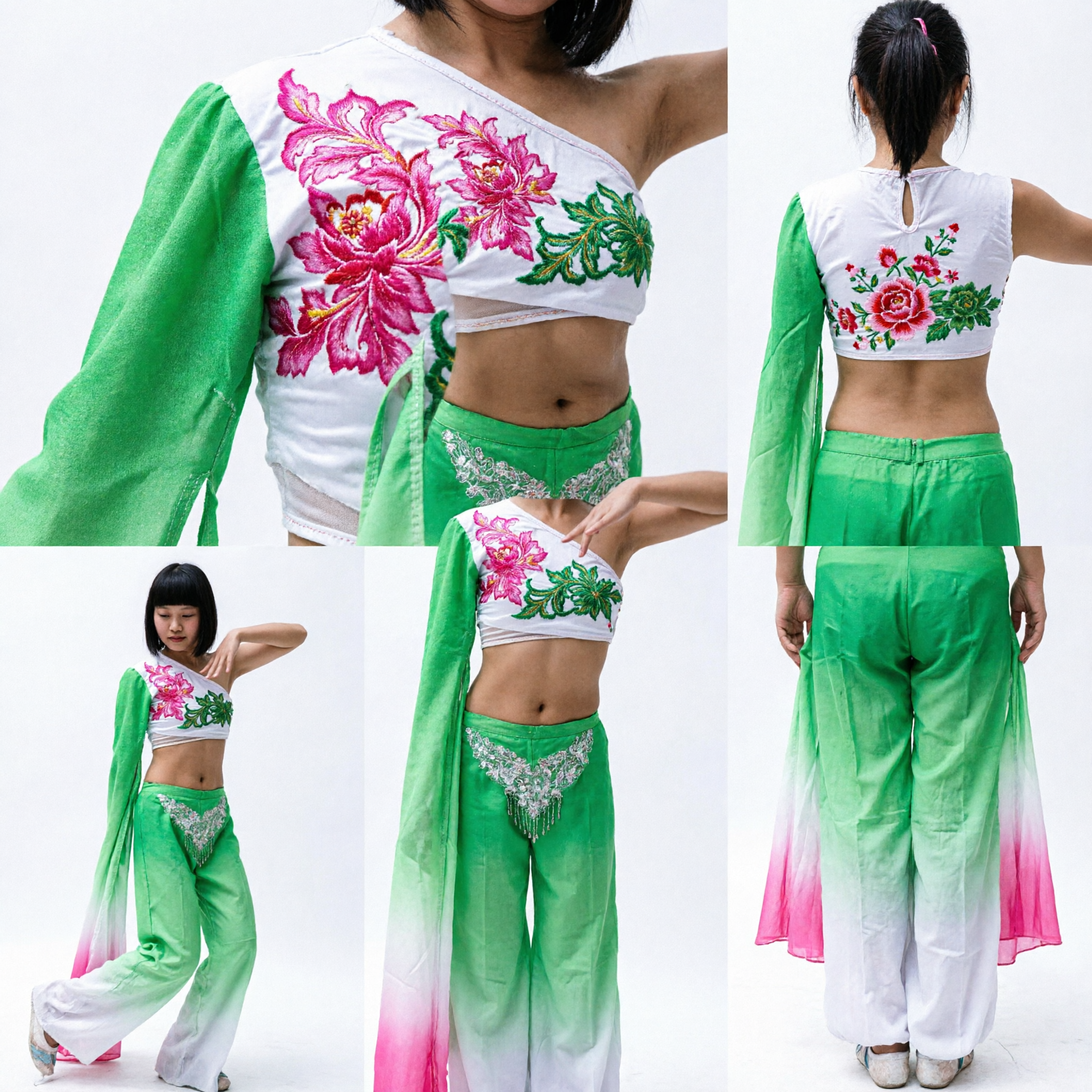 Traje de Dança Folclórica Chinesa para Meninas Conjunto de Performance Yangge Verde Floral com Mangas Fluentes e Calças - Asian Costume