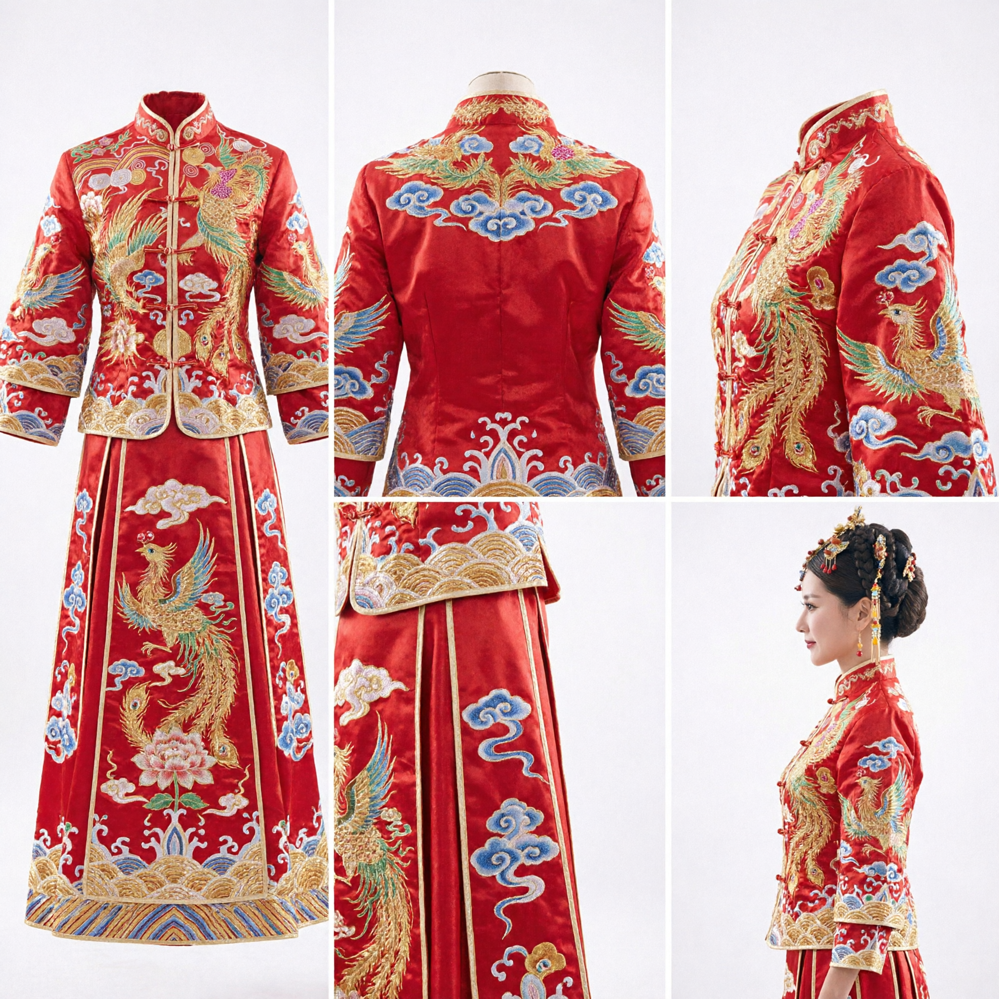 Tradycyjny chiński zestaw ozdób do włosów panny młodej z dynastii Qing, złota korona z feniksem filigranową z chwostami dla kobiet - Asian Costume