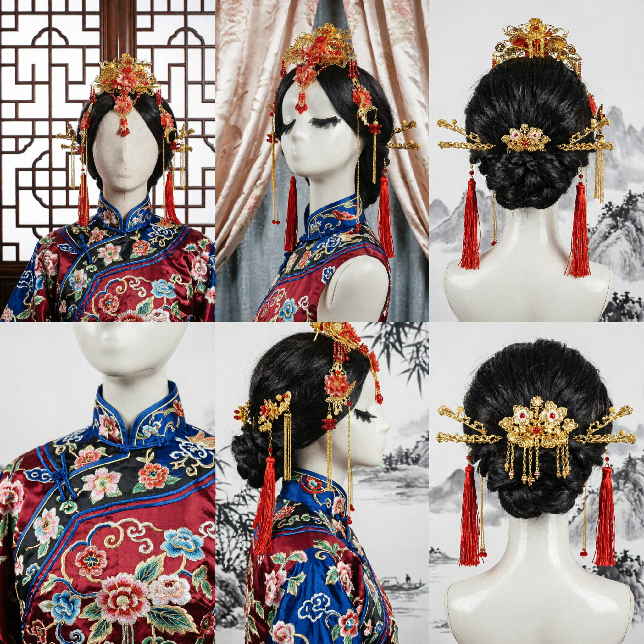 Traditional Chinese Hanfu Hair Accessories Set Gold Red Flower Crown Tassel Headpiece for Bridal Wedding - Asian Costume