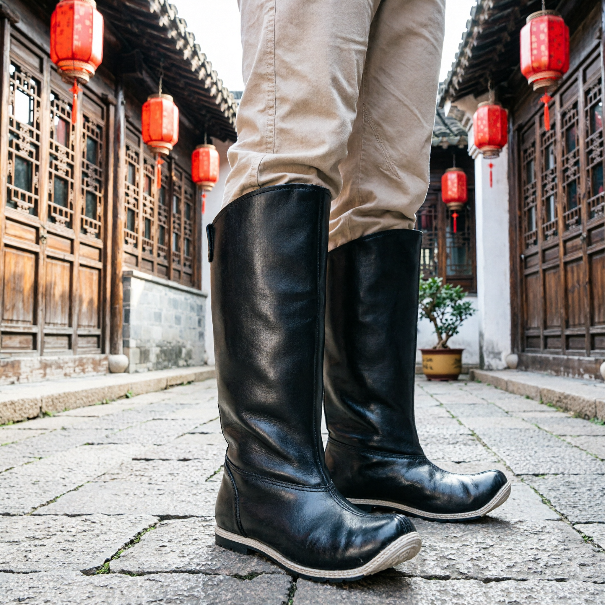 Mannen Traditioneel Chinese Zwarte Leren Laarzen Kung Fu Martial Arts Cosplay Historisch Kostuum Schoeisel - Asian Costume