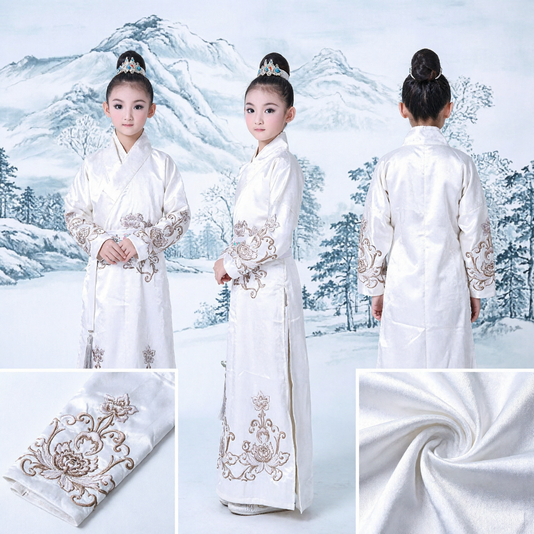 White Chinese Traditional Hanfu Costume for Girls Ancient Swordswoman Wuxia Cosplay Outfit Kids Dance Performance Dress - Asian Costume