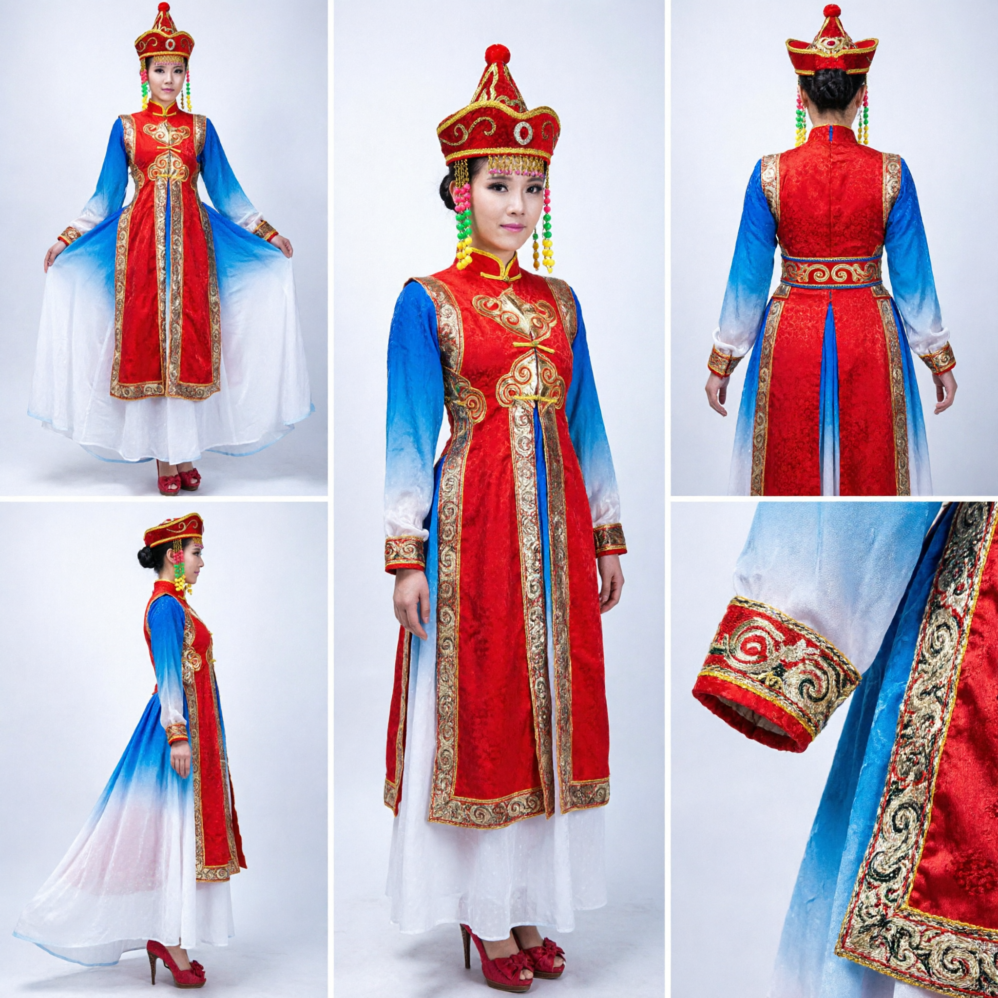 Damski tradycyjny strój do tańca mongolskiego, czerwona haftowana szata z niebieskimi gradientowymi rękawami, etniczna suknia do występów scenicznych - Asian Costume